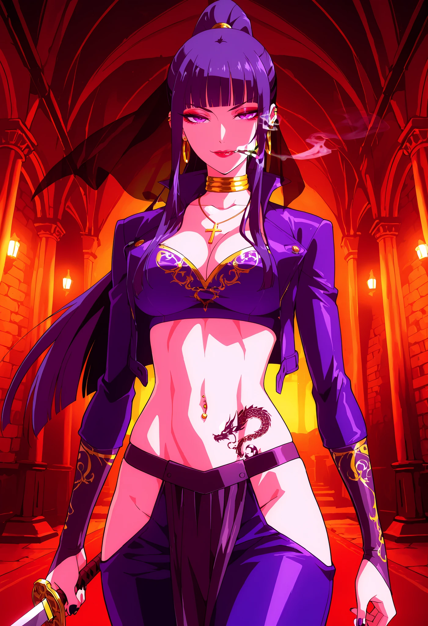 bodysuit,jacket,
1girl,mature female, sakatoku mai, purple eyes, long hair, black hair, blunt bangs, ponytail, sidelocks, makeup, eyeshadow, lipstick, nail polish, ear piercing, long hair, , lipstick, Hot girl, baddie, smoking, sensual, attractive ,choker, ,cross necklace,, neck ring, harem pants, elbow gloves, midriff, earrings, hip vent, baggy pants,,
castle,inside castle, masterpiece, best quality, highly detailed ,gold_choker, complex detailed
background, inside, holding a sword, sword,harem_outfit,navel, necklace,
pelvic_curtain,revealing_clothes, veil, masterpiece,best quality,mature,evil
smile ,necklace,pendant, () , exposed belly, exposed navel, midriff,
exposed lower belly, ,cleavage, navel piercing, european architecture, palace , , dragon tattoo on waist, narrowed eyes, tattoo on waist,, anipai_style , anime screencap , anime coloring,,v-shape eyebrows