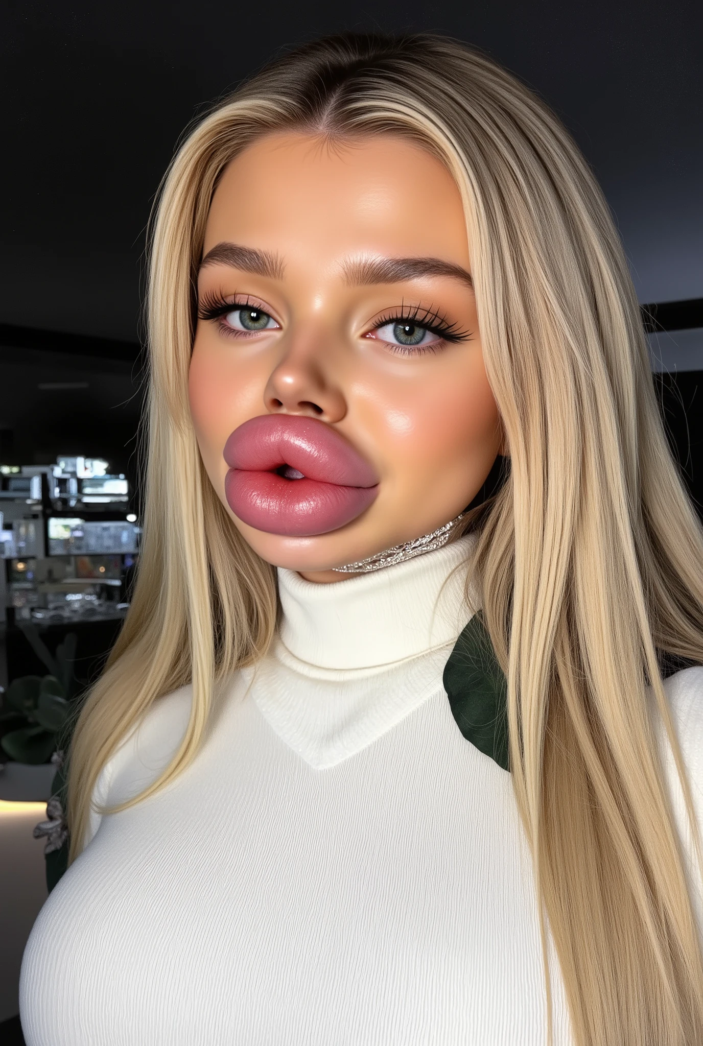 Ultra-realistic front view portrait of a super cute young woman in her 20s with platinum blonde hair with black roots. She has a cute face and long eyelashes. Her facial features are huge fake round bimbo lips, glossy and overfilled, and she has round cheeks. She Looks innocent. She is wearing a tight white ribbed wool turtleneck sweaster. She has bright and light green eyes. The lighting is soft and even, and the background is minimal, emphasizing her face and outfit. The style is high-end influencer aesthetic, ultra-detailed, photorealistic, cinematic 8k. 
