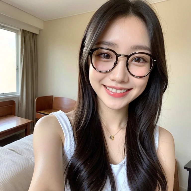 (realistic, high resolution:1.3), 1 girl with perfect figure, glasses, smile, ((pale white skin:1.3)) ,(:1.3), looking at viewers, super fine face and eyes, long hair, white  lace veil: 1.2 , in bedroom, sit on the bed, ,  , upper body, half body
