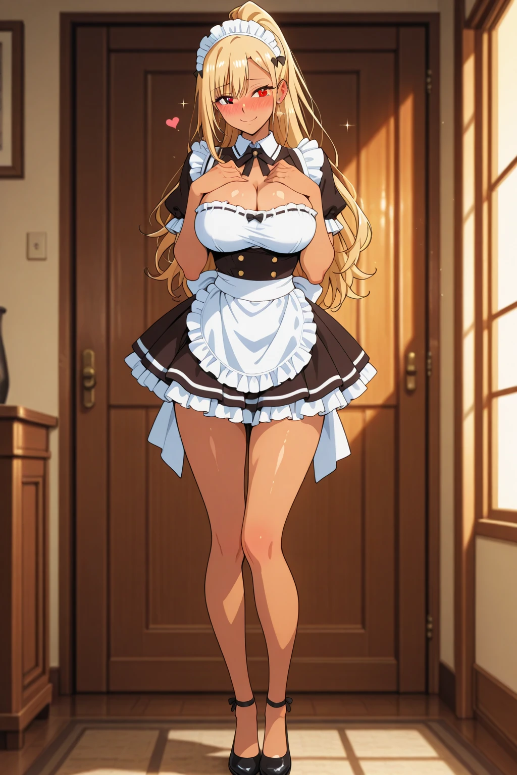 beautiful girl、perfect body、beautiful ample breasts、long blonde hair、((maid))、Looks embarrassed、((Show your panties))