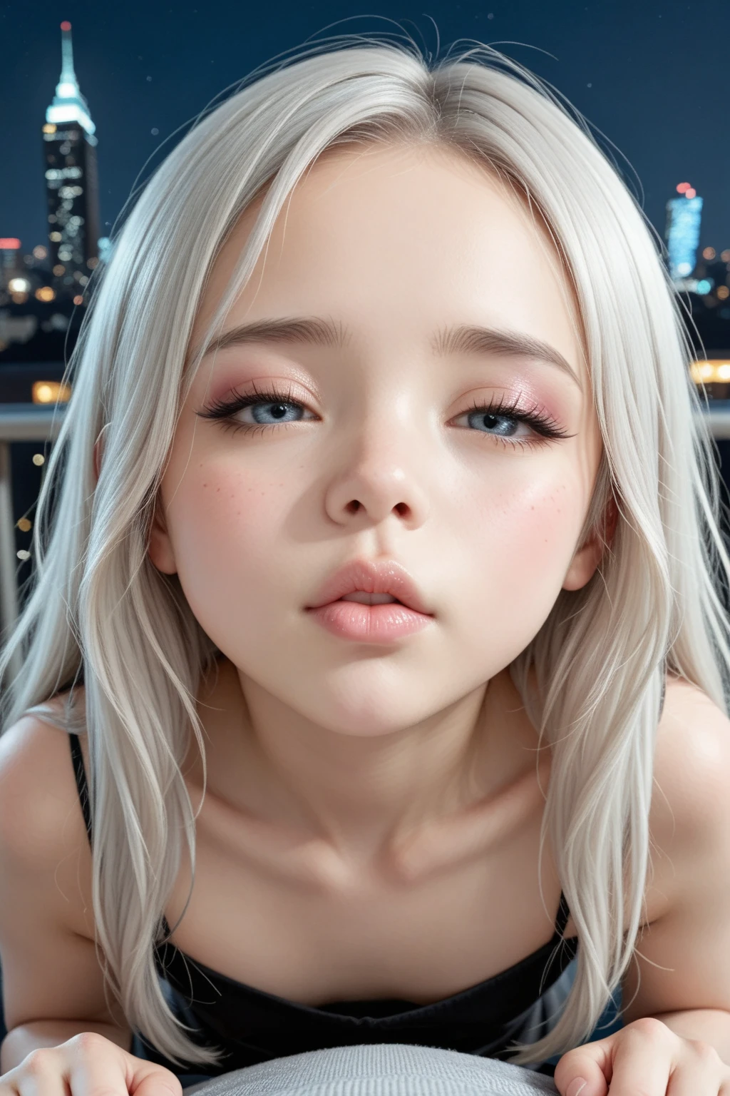  ,1girl and 1boy, ,Completely , medium breasts,slender body,sweaty full body,(wrinkles between eyebrows1.6),glare,open mouth, (:1.5)((1.4))  ,(  1.3),open mouth ,sloppy white viscous liquid on the face1.6,stick out tongue,  on tongue 1.9,silver hair ,long hair,Highly detailed face and skin texture,delicate face,super resolution, ,squatting down,bedroom,(from above:1.8),pov