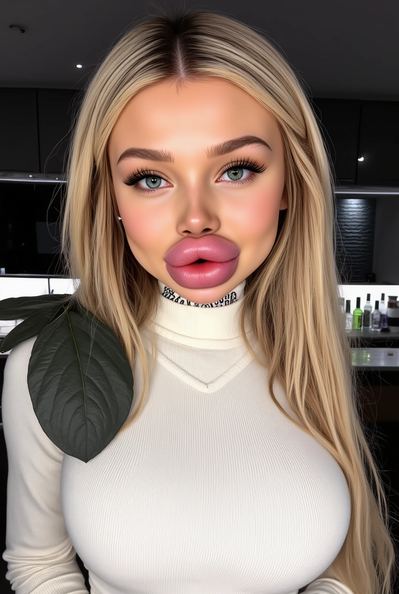 Ultra-realistic front view portrait of a super cute young woman in her 20s with platinum blonde hair with black roots. She has a cute face and long eyelashes. Her facial features are huge fake round bimbo lips, glossy and overfilled, and she has round cheeks. She Looks innocent. She is wearing a tight white ribbed wool turtleneck sweaster. She has bright and light green eyes. The lighting is soft and even, and the background is minimal, emphasizing her face and outfit. The style is high-end influencer aesthetic, ultra-detailed, photorealistic, cinematic 8k. 
