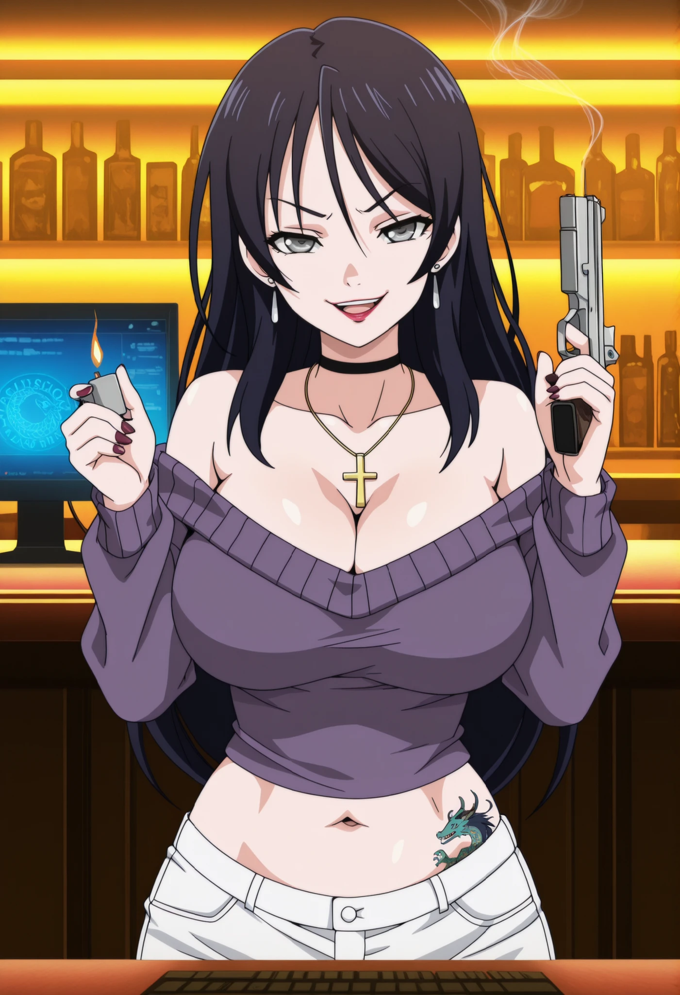 masterpiece, best quality, amazing quality,, yuri kotobiki, long hair, black hair, grey eyes, mature female, large breasts, anime screencap, off shoulder, sweater, purple sweater, skirt, white skirt,, lighting cigarette, lighter, holding lighter, cigarette, smoking, fire, smoke, holding, , home office, working from home, computer screen, nail polish, ear piercing, long hair, , lipstick,Hot girl, baddie, smoking, sensual, attractive cross necklace, choker , jewelry, earrings, bar background, inside bar ,indoors, , casino, ,masterpiece , best quality , highly detailed , a girls with a gun , evil smile , open mouth , sexy gaze , badass pose , evil smile , smile , (nsfw) not safe for work , guns blazing , anime girl , navel , evil expression , exposed belly , exposed navel , exposed midriff , exposed lower belly , , cleavage , , holding a gun , holding pistol , navel , ,medium large breast ,looking at viewer , dragon tattoo on waist, narrowed eyes, tattoo on waist, anipai_style , anime screencap , anime coloring, v-shape eyebrows,