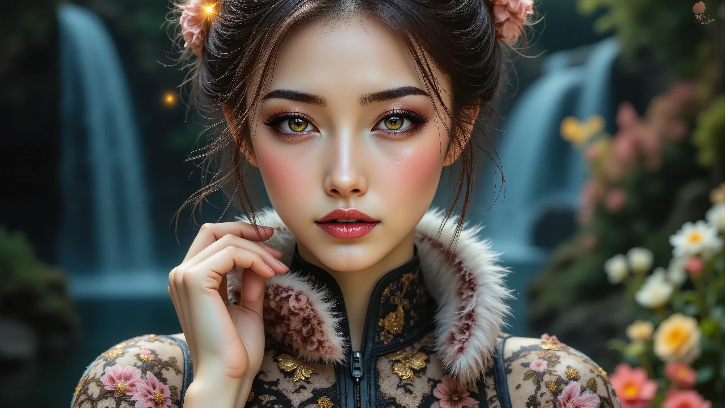 Ultra-realistic (photorealistic Realism) , "UHD, Hyper high resolution" - "(Hyper quality, intricately ultra-detailed digital art)" (Key Directive: - ("The priority is the anatomical accuracy and texture of the materials" - "Ultra-sharp human eyes with biological accuracy") (realistic texture details: velvety skin, hair), long Lashes: individual synthetic fibers (crosshatched roots:1 . 2 , clump-free separation), { "Eyes:(acid-resistant terminology) (macro-details:1.5): * Moist corneal surface (visible aqueous layer:1.2) * Hyper-detailed iris eyes (green) * Precise limbal ring (slightly darker pigmentation:1.3) * Pupil micro-texture (irregular edge authenticity:0.9) * Vasculature in sclera (subtle blue veins radiating from limbus)" } (Avoid: "pupil distortion , uncanny valley asymmetry , plastic-like wetness"),detailed portrait of a princess wearing a luxurious fur robe over a royal dress, she has a warm smile on her face, lush waterfall in the background, colorful flowers surrounding her, highly detailed, 8k, photorealistic, realistic lighting, professional digital art, dramatic fantasy style, oil painting, vibrant colors, intricate details, h4nd