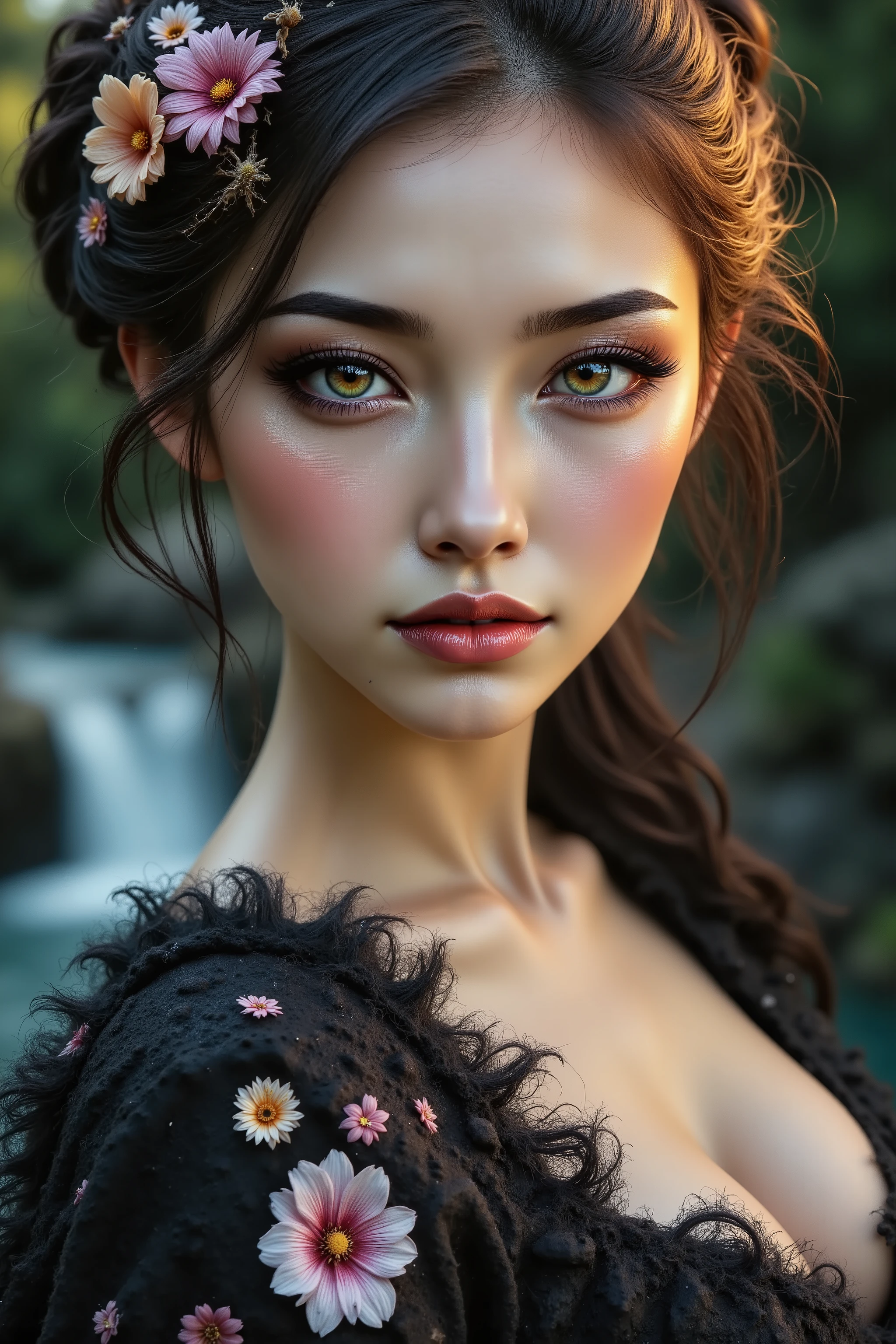  Ultra-realistic (photorealistic Realism) , "UHD, Hyper high resolution" - "(Hyper quality, intricately ultra-detailed digital art)" (Key Directive: - ("The priority is the anatomical accuracy and texture of the materials" - "Ultra-sharp human eyes with biological accuracy") (realistic texture details: velvety skin, hair), long Lashes: individual synthetic fibers (crosshatched roots:1 . 2 , clump-free separation), { "Eyes:(acid-resistant terminology) (macro-details:1.5): * Moist corneal surface (visible aqueous layer:1.2) * Hyper-detailed iris eyes (green) * Precise limbal ring (slightly darker pigmentation:1.3) * Pupil micro-texture (irregular edge authenticity:0.9) * Vasculature in sclera (subtle blue veins radiating from limbus)" } (Avoid: "pupil distortion , uncanny valley asymmetry , plastic-like wetness"),detailed portrait of a princess wearing a luxurious fur robe over a royal dress, she has a warm smile on her face, lush waterfall in the background, colorful flowers surrounding her, highly detailed, 8k, photorealistic, realistic lighting, professional digital art, dramatic fantasy style, oil painting, vibrant colors, intricate details, h4nd
