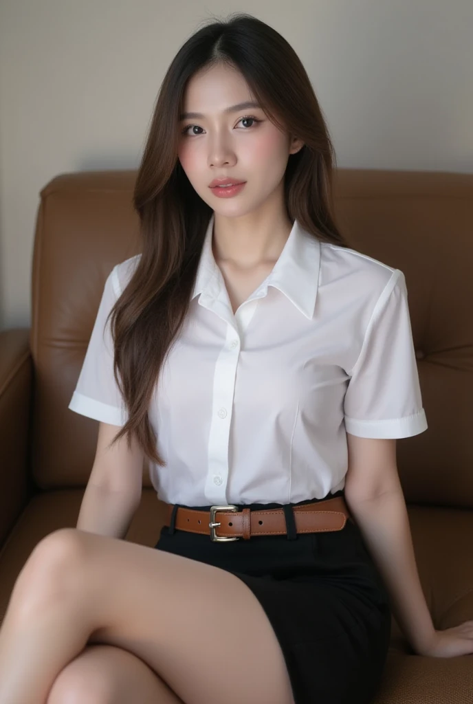 1 Girl,Lobby,sofa,Soft Light,Chinese Beauty,Tight Fit,Uniforms,Dark-haired,long hair