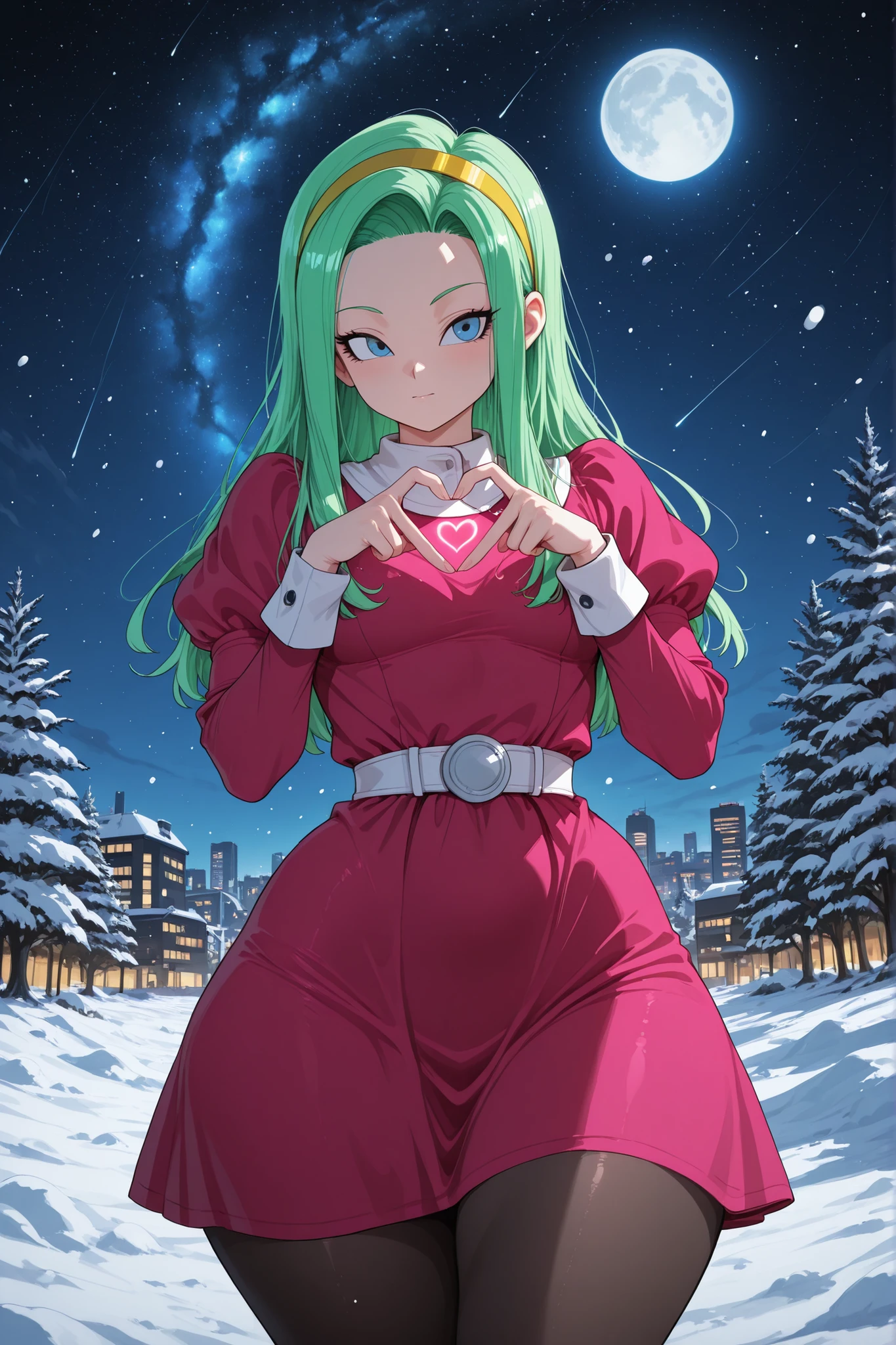 1 girl ,Brianne (Dragon Ball super), long hair, green hair, blue eyes, long sleeves, dress, juliet sleeves, hairband, puffy sleeves, white belt, black pantyhose, pink dress, yellow hairband, white collar, sleeve_cuffs, hair ornament, red dress,EyesHD,heart hands, Medium chest, wider hips, thick thighs, curvy hips, perfect fingers, City, Parke, detailed night, detailed moon, stars sky, detailed galaxy environment, tree with snow, Snow, snow falling