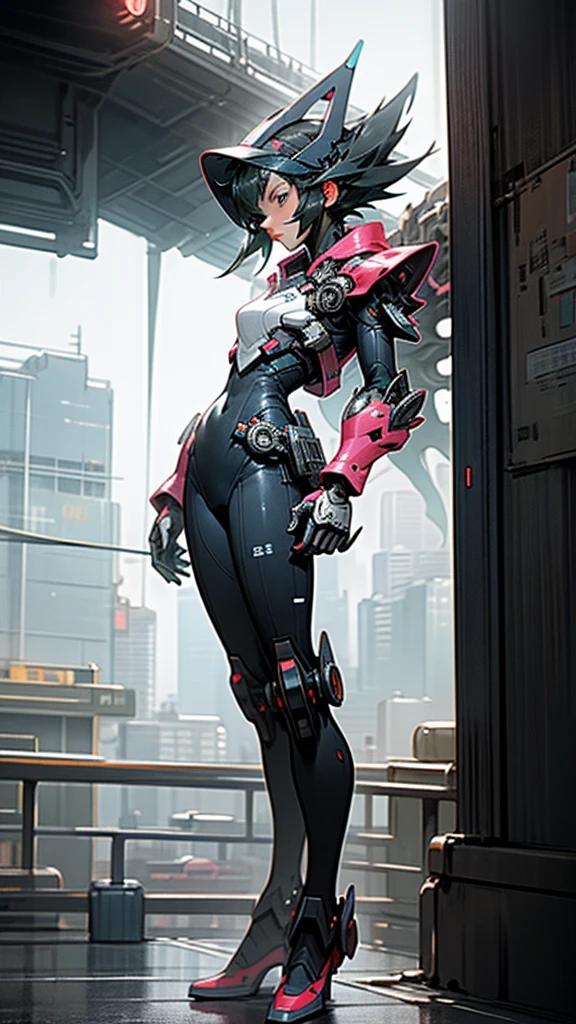full body picture Unreal Engine 5 8K UHD of beautiful girl, black short hair, wearing futuristic black tight battle suit, half face cyberpunk mask, futuristic neck collar, beauty makeup, walking in front of battle robots behind, best quality, masterpiece