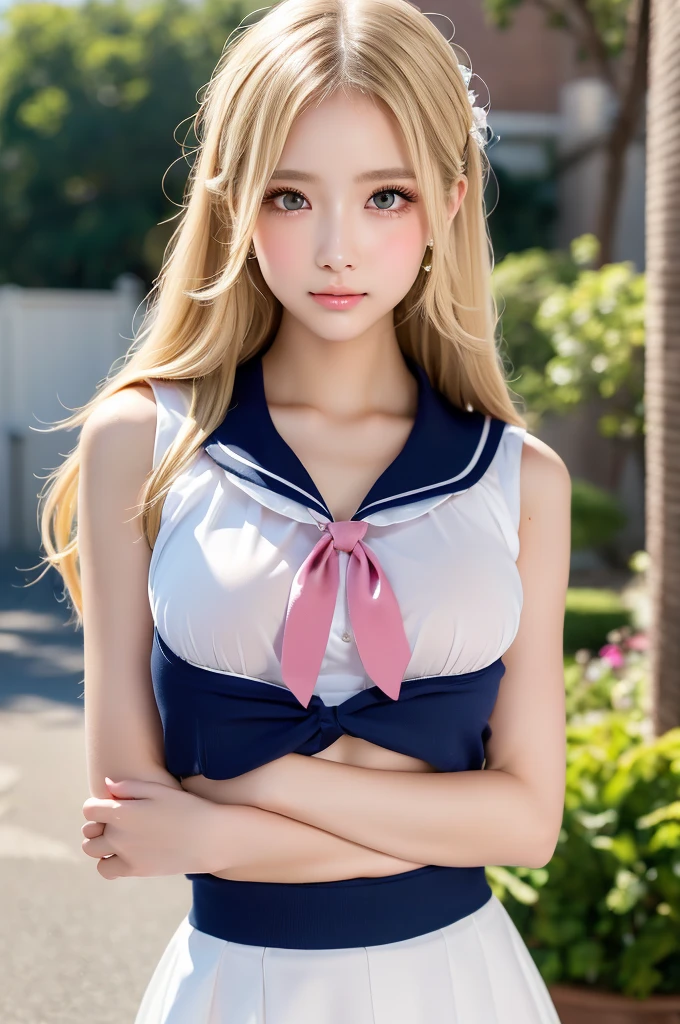 Close up, 1 girl, sailor, Tsukino Usagi, (sailor chiseki uniform:1.2), (aqua eyes:0.9), blonde hair, medium hair, wedge skirt, best quality, earrings, masterpiece, high resolution, intricate details, (realistic)), photography, (white elbow gloves:1.1), jewelry, medium breasts, full body, dynamic background, dynamic pose, white