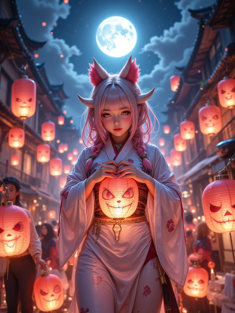 best qualtiy，realisticlying， Night City，youkai，Skeleton, Fox, A lot of female students, Black and white JK skirt, Large crowds, matrix, Hyakki Night Line, japanese-inspired, Mask，Pink Long Hair，By bangs