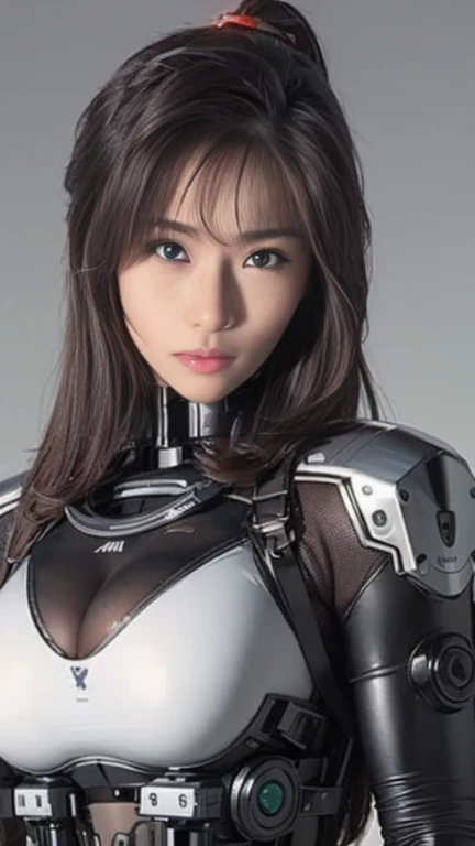 （ultra best quality、in 8K、masuter piece、delicate illustration、full body Esbian）,(She wears a distressed pink and white Iron Man suit.)、A beautiful and bewitching Japanese 25-year-old woman、Plump body、Curly black hair、A slight smil、cleavage of the breast、huge tit