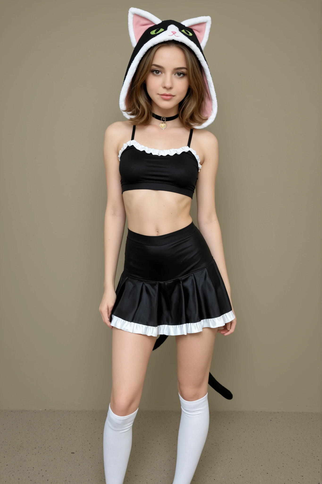 a GIRL WITH MEDIUM HAIR, CAT COSPLAY, MINI SKIRT SEXY LEGS, CROP TOP SEXY BOOBS IN SENSUAL POSE 