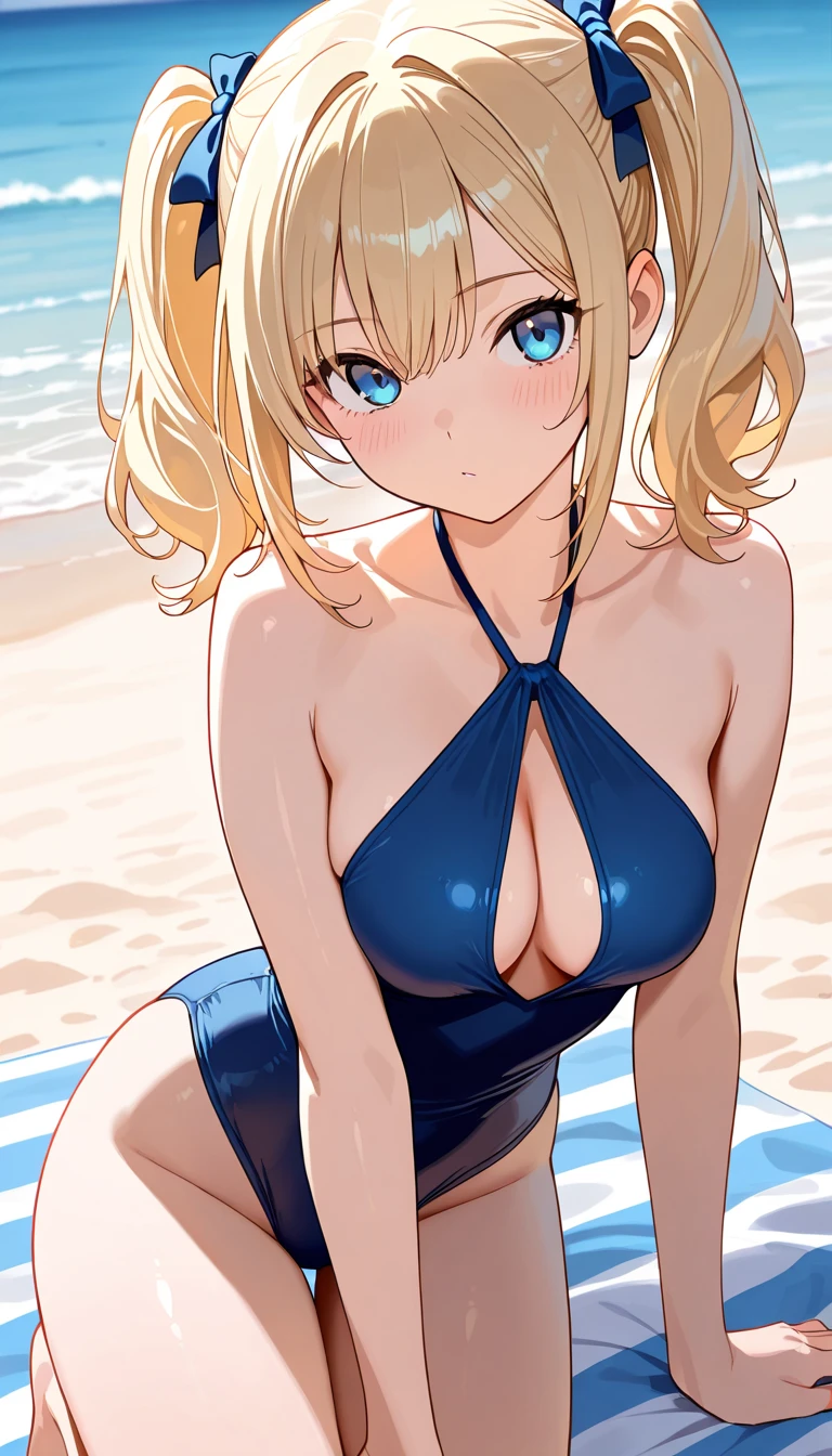 Masterpiece,Best Quality,(Super Detail),Perfect Lighting, Highly detailed CG,Super detailed,(Highly detailed eyes,Very cute face,Highly detailed face:1.3),Beautiful Anime Girl,(Solo Girl),(Super huge ?????:1.4),(Sensual,Glamorous:1.4),(Blonde,Medium Hair,Twin braids,Let your hair hang forward:1.5),(Big light blue eyes),(Very happy smile,Open your mouth wide),break,(Black and white layered bandeau ??????),Sandy Beach,Summer sunshine,Horizon lines seen in the distance,Cloudless blue sky,Cowboy Shot