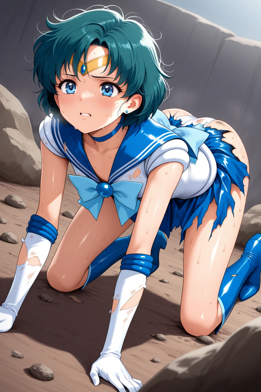 Sailor Mercury　Transformation heroine of justice　Enameled White Leotard　Enamel Blue Boots　Wrinkled boots　Enamel White Gloves　Enamel Blue Mini Skirt　Neat and clean image　Gold decoration　Costumes with fancy decorations　justice　poneyTail　semi long hair　hair adornments　A smile with shame　Squinting eyes　Jockey Boots　thrust out one's hip　Open your legs　　Poop sitting　Full body painting　Put your hand on your crotch　Underarm is visible　Long boots below the knee　Raw feet　Soaking in a white liquid swamp 　the body is covered with white liquid　Open your crotch　bend knee　お漏らし　White liquid overflowing from the crotch　full of sweat　Leotards are wet and skin visible　sodden　In a dark cave　The surroundings are filled with a white, turbid liquid　White liquid on boots