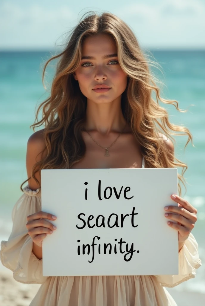 波浪状长发的美丽女孩，穿着波西米亚风格的连衣裙，手持写有“I Love SeaArt Infinity”文字的白板，并向观众展示