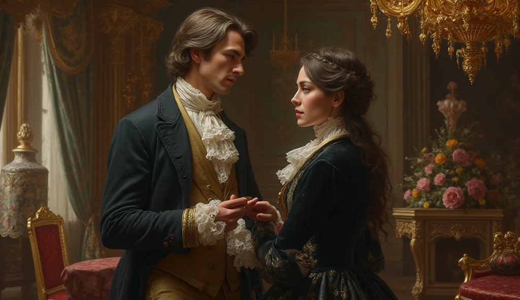 Couple from 1810 in London, England. Short woman with dark blonde hair, BLUE DRESS. Tall man with blond hair and blue eyes