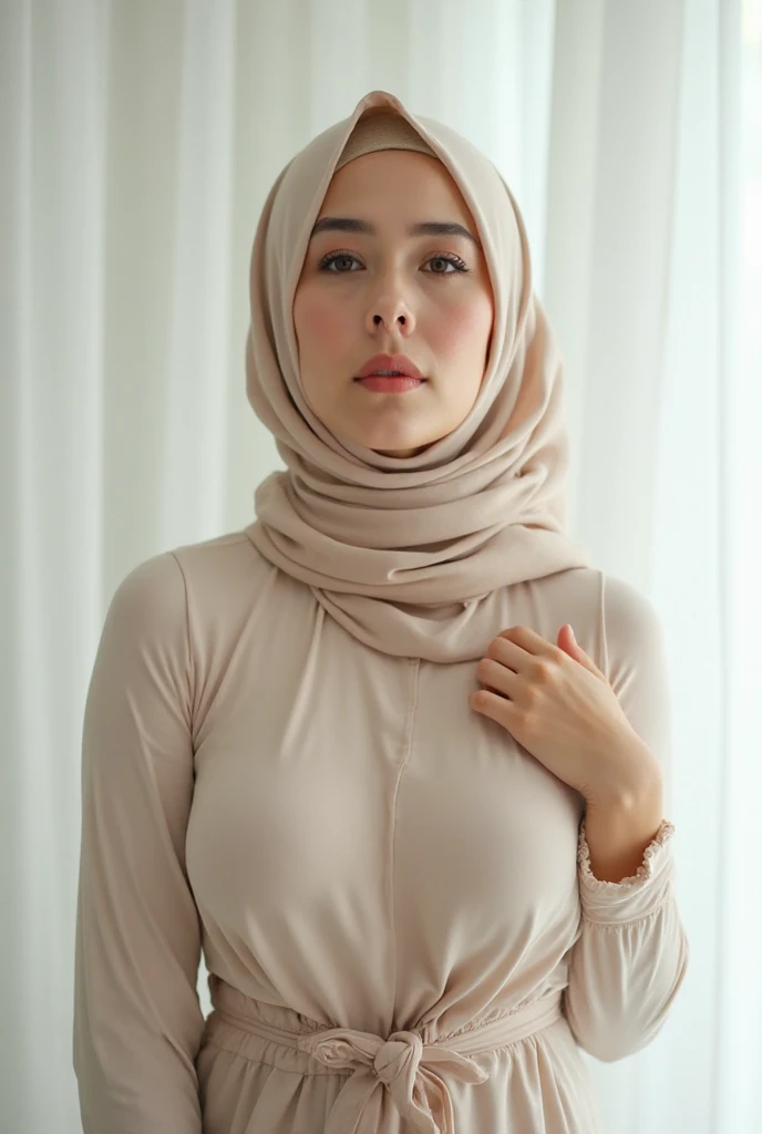 Ultra-realistic shadow, real contrasts, 1 mature lady, pale skinned babe, slim faced, wearing a beige coloured pashmina hijab, casual girl outfit, pink halfbutton blouse, outer jacket, and long skirt, (fashion), (At university park 1.2), slim and slender body type, tall, (massive breasts 1.8), Half body shot, cowboy shot, realistic photography, professional photo, lower angle