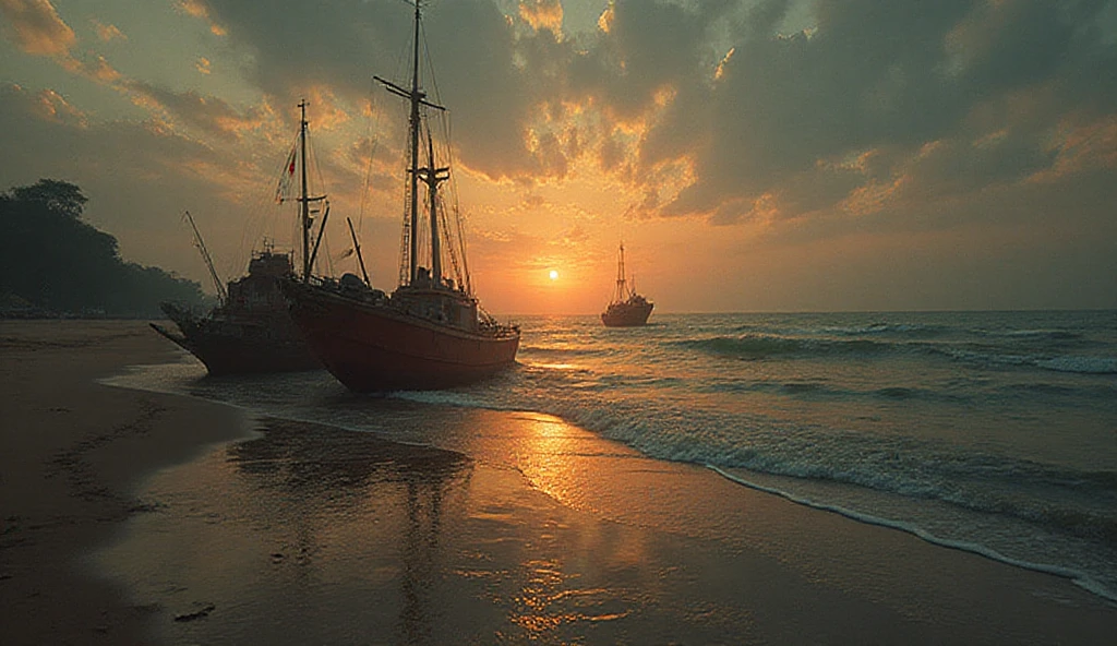 Sunrise on beach with waves on sea and forest behind, seagulls in air, small birds on sand, boat on water