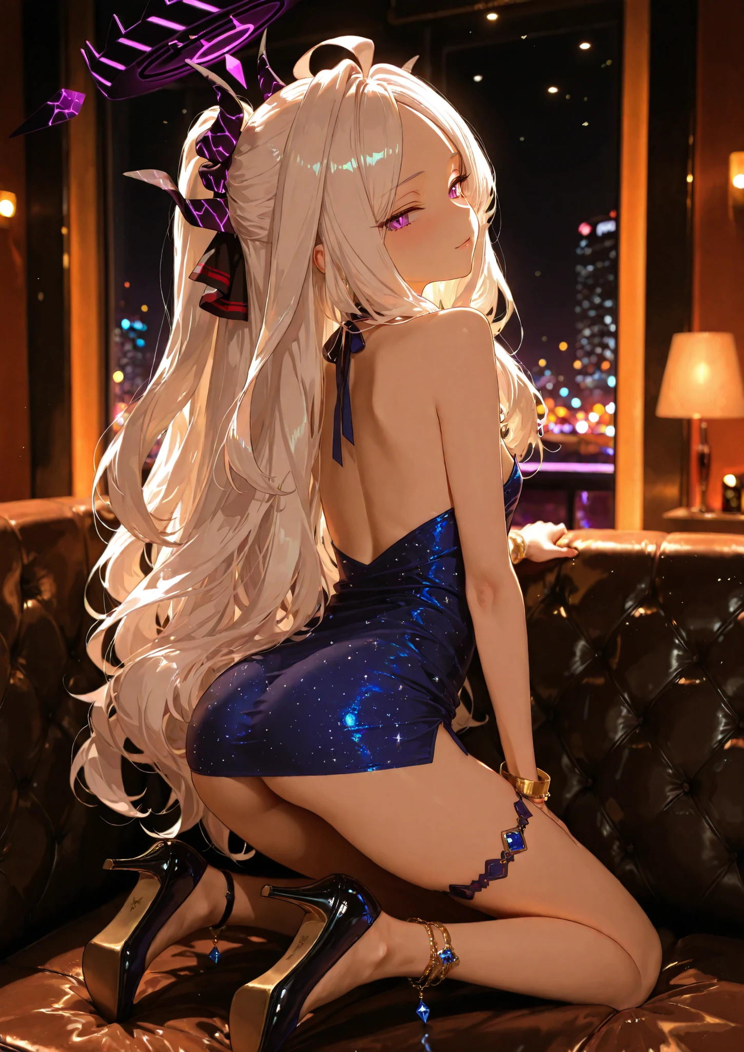 {{masterpiece}}, best quality, extremely detailed CG unity 8k wallpaper, cinematic lighting, lens flare, beautiful detail eyes, black,  side glance,  multicolor short white hair, colorful light, particles, heterochromia, (colorful:1.5), (colorful hair:1.5), show body goal, swimsuit, rooftop view, night,