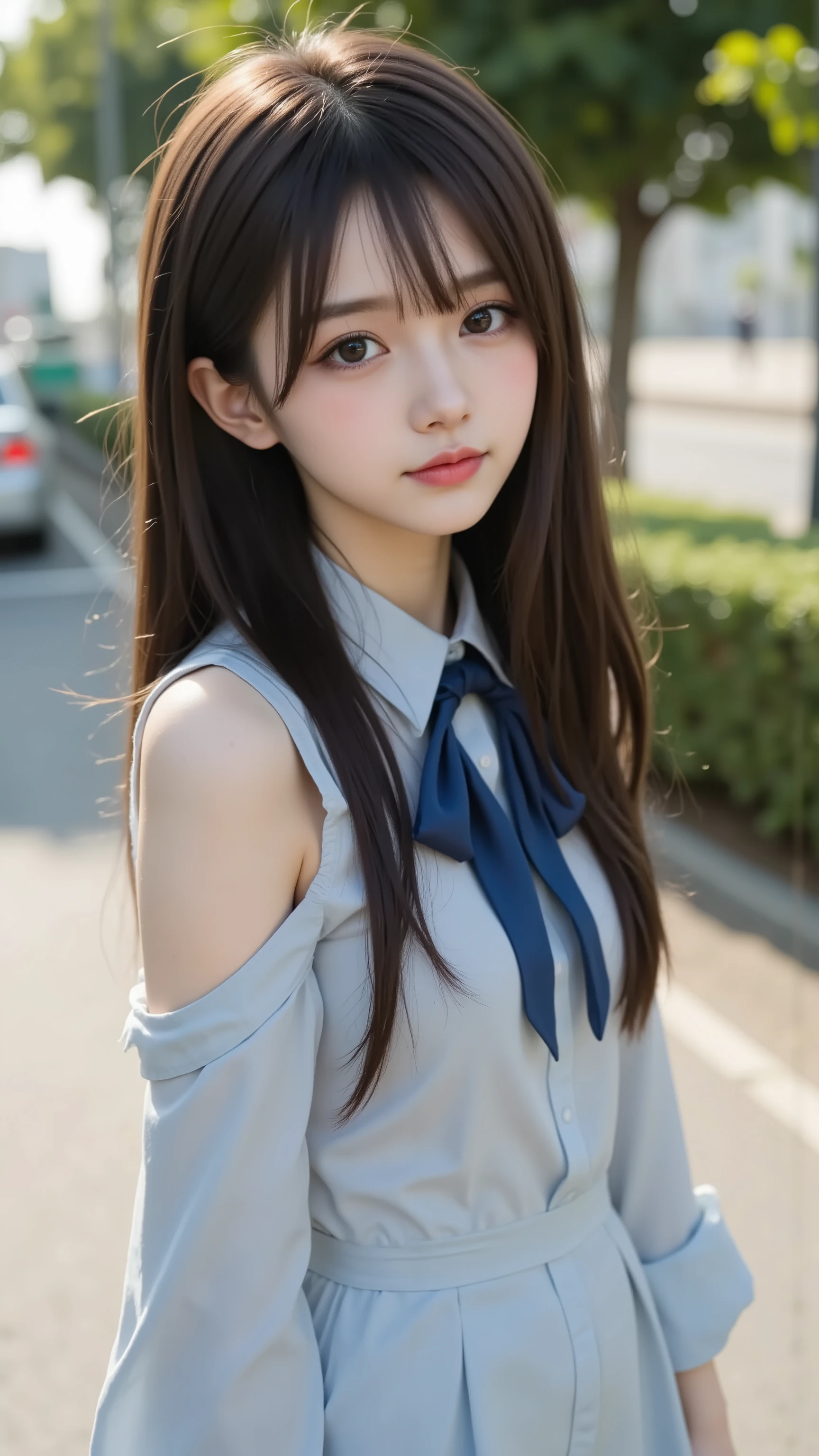 There is a woman wearing a tie standing on the street、Visible Pink Bra, anime girl in real life, ulzzang, realistic young gravure idol, surreal high school girl, Korean girl, Charming Anime Girls, realistic young anime girls, cute anime girl, cute cute girl, Beautiful Chinese model of an animated Thai girl , beautiful anime girl、beautiful small face、High nose、Moisturizing Lips、beautiful skin、slender body line、Beautiful Straight Hair、Highest Quality、best image quality、greatest masterpiece、realistic、Ultra High Definition