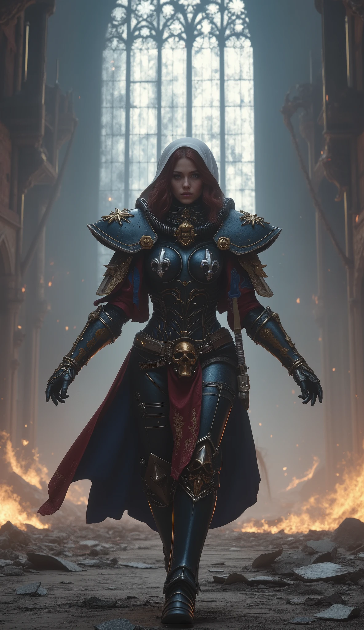 A hyper-realistic, full-body cinematic portrait of a female Sister of Battle Captain walking forward in front of a destroyed gothic cathedral, both arms lowered and spread wide as if welcoming or embracing destiny.
She wears an ornate custom power armor in tones of deep blue and light gray, adorned with sacred relics, gold filigree, purity seals, engraved scriptures, and a spiked halo around her head — radiating divine authority and power.
Over her armor, she wears a ceremonial hood inspired by a nun’s veil, white with blue stripes, seamlessly integrated into the armor’s design. From beneath it, her wavy burgundy hair flows softly, adding a human warmth to her sacred, battle-hardened presence.
Her face is visible and expressive, based on a real woman with soft features, fair skin, and one cybernetic right eye implant glowing faint blue, contrasting with her natural left eye.
The background shows a ruined cathedral, broken stained glass, burning incense, and beams of holy light cutting through drifting ash and fog. The ground is covered with rubble, glowing embers, and remnants of banners.
The atmosphere is majestic, grimdark, and reverent — a balance between holiness and war. Her armor’s texture reveals scratches, dents, and relic etchings glowing faintly in the light.
Cinematic lighting, ultra-detailed 4K realism, realistic skin pores, volumetric fog, lens depth of field, bokeh highlights, photorealistic metal reflection, professional composition, full-body centered perspective.
Vertical 9:16 ratio, perfect balance between sacred and sci-fi Warhammer 40k aesthetic, masterpiece-level detail and depth.
---
⚙️ Negative Prompt (to ensure clean quality):
> (worst quality, low quality, blurry, pixelated, cartoon, anime, drawing, sketch, illustration, 3d render, text, watermark, signature, cropped, distorted face, deformed hands, extra limbs, low detail, unrealistic proportions, oversaturated, low contrast, lowres, artifacts, bad lighting)