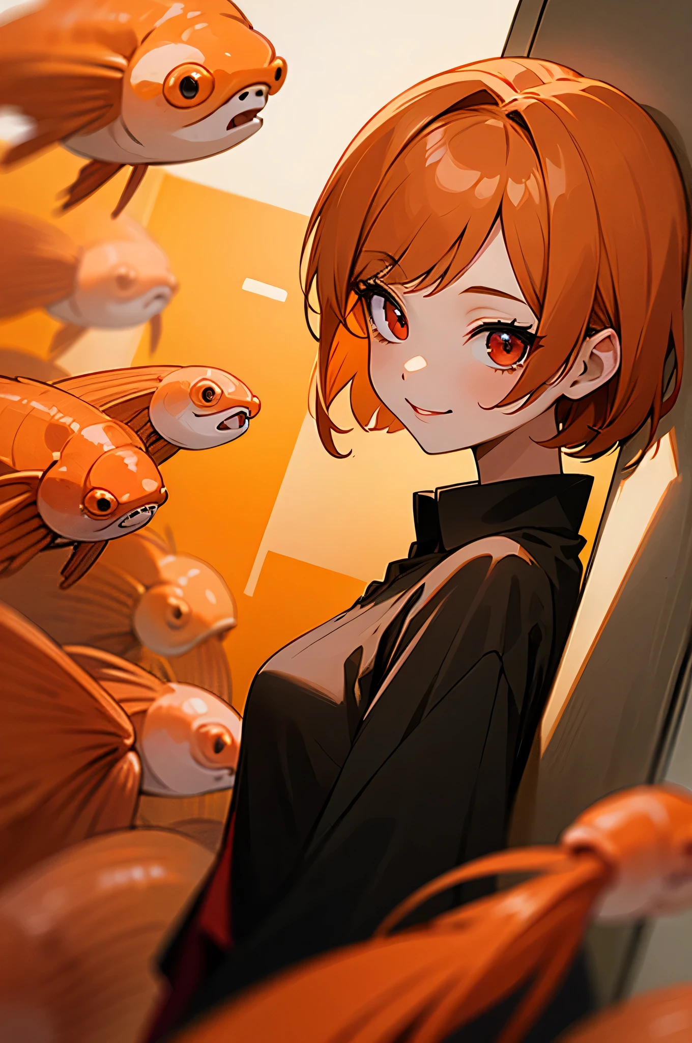 one woman、solo、orange hair、bob hair、round red eyes、big smiles、Knock on the door、From the side、Orange Clothes、black inner shirt、Upper Body Closeup、There are many shrimp families around her、Late night city background