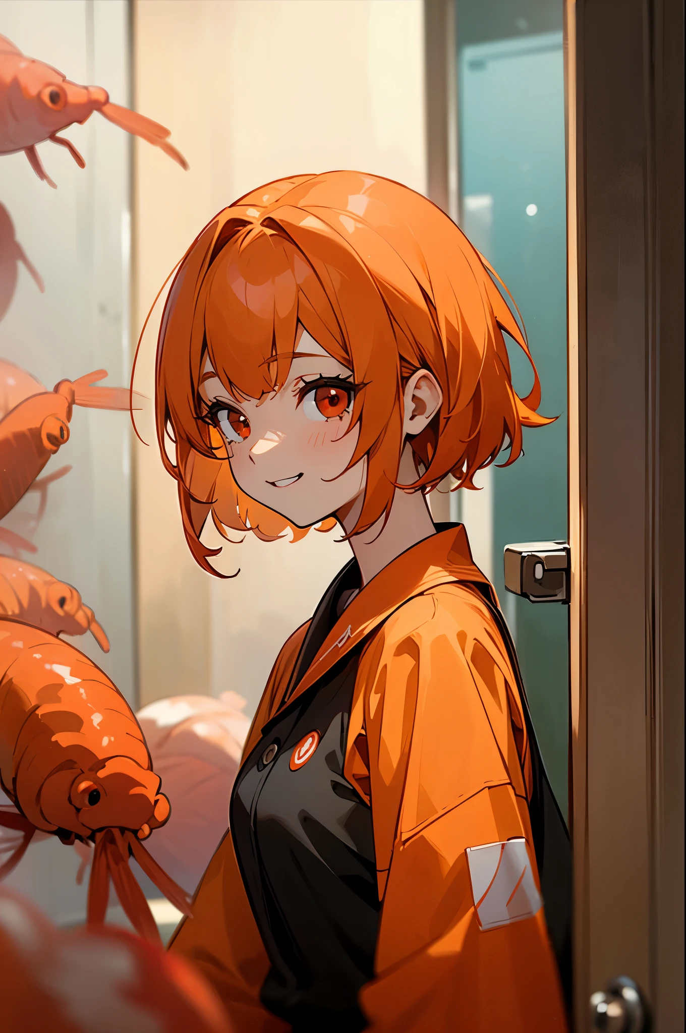 one woman、solo、orange hair、bob hair、round red eyes、big smiles、Knock on the door、From the side、Orange Clothes、black inner shirt、Upper Body Closeup、There are many shrimp families around her、Late night city background