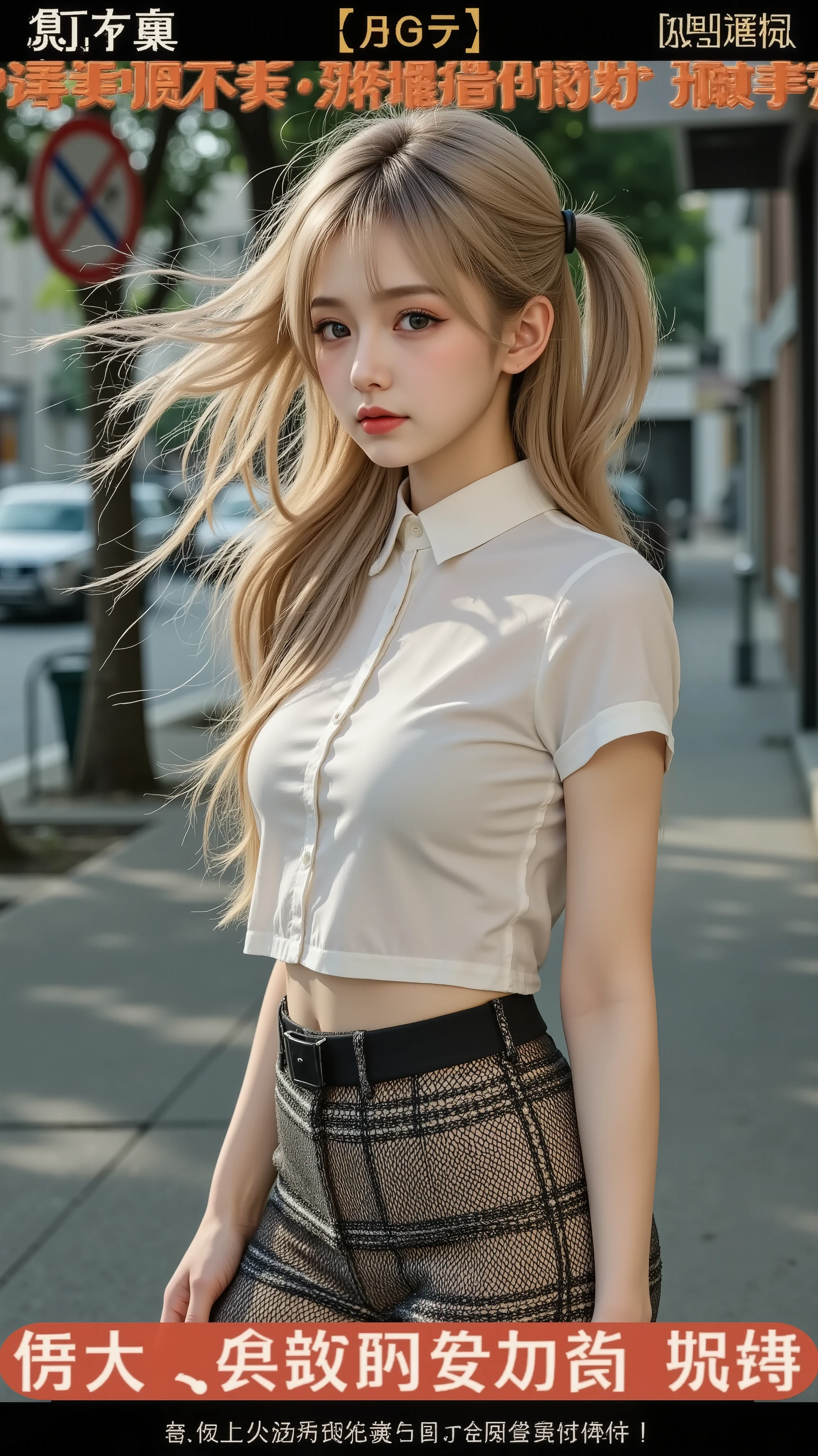 sexy big breasts,13 year old beautiful girl is sexy＆looks cute & Cute beautiful sexy face, A strong wind blows my hair in front of my face,Beautiful super long metallic blonde French braid hair with cute and sexy eyes hidden behind long bangs.、Belly button shirt、Very short pink and black checked 、Turn around and look at me with a smile、