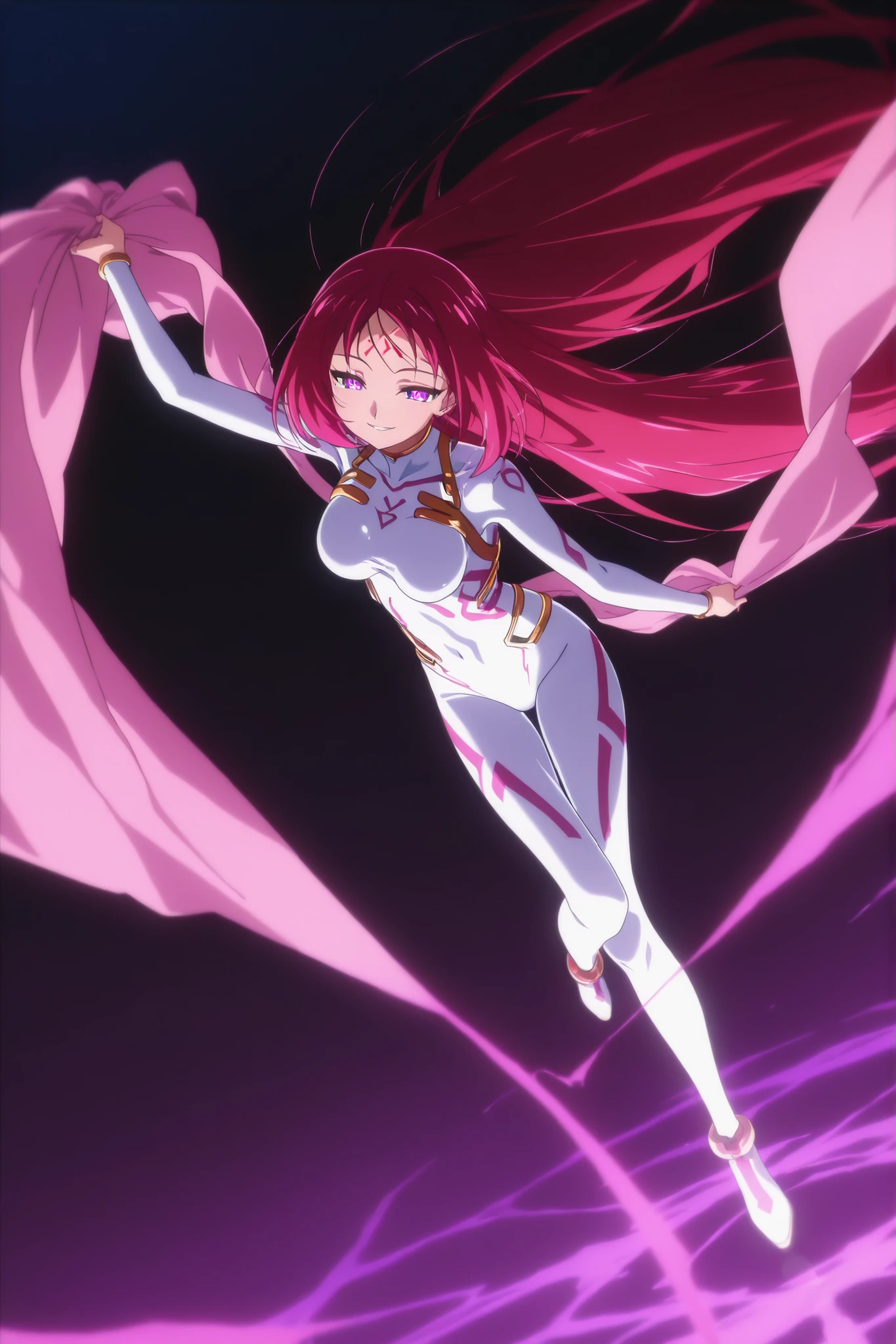 so dakki, old costume1, 1girl, solo, soft darkness, masterpiece, best quality, amazing quality, very aesthetic, absurdres, newest, so dakki, anime screencap, anime coloring, sensitive, dynamic pose, dynamic angle, old costume1, 1girl, facial mark, forehead mark, shawl, pink shawl, long_hair, leotard, pantyhose , shoes, bangobu so_dakki_v5_sdxl_embeddings, , simple background, smile , full body view ,