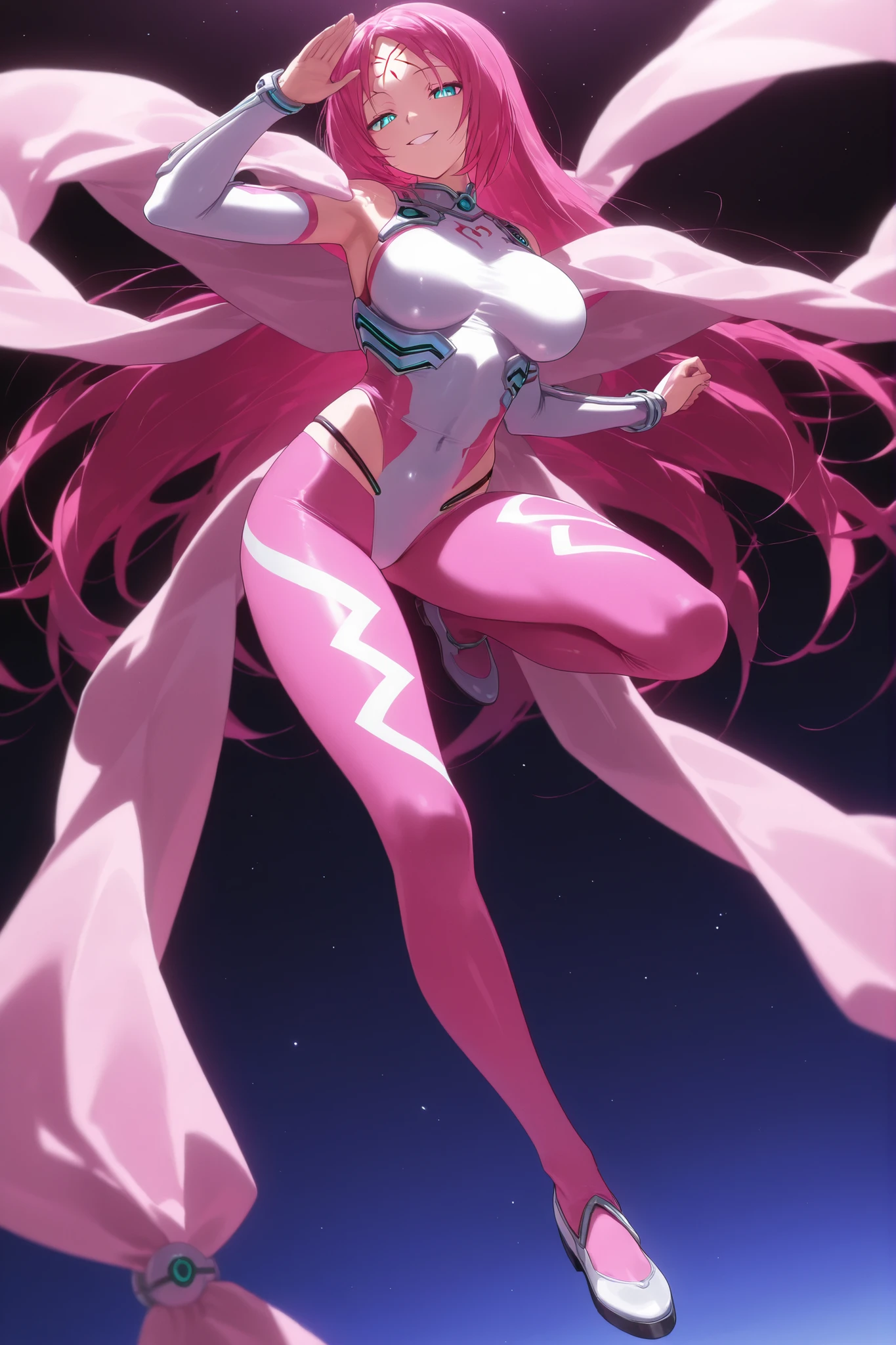 so dakki, old costume1, 1girl, solo, soft darkness, masterpiece, best quality, amazing quality, very aesthetic, absurdres, newest, so dakki, anime screencap, anime coloring, sensitive, dynamic pose, dynamic angle, old costume1, 1girl, facial mark, forehead mark, shawl, pink shawl, long_hair, leotard, pantyhose , shoes, bangobu so_dakki_v5_sdxl_embeddings, , simple background, smile , full body view ,