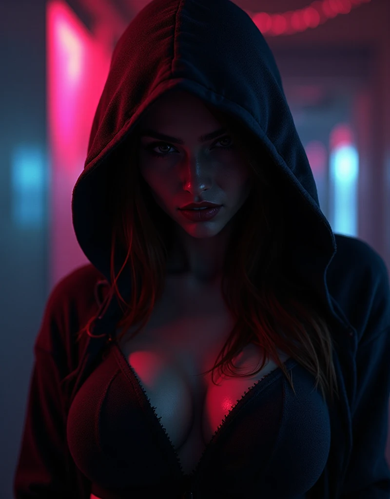 arafed image of a woman in a ?????? and a hoodie, cyberpunk art by Ludovit Fulla, tumblr, holography, crazy hacker girl, cyber style, cyberpunk hacker, cyber background, cyberpunk))))), cyber school girl, cyber wear, cyberpunk strip clubs, hacker, cyberpunk))), cybernetic wallpaper, seductive cyberpunk dark fantasy, cypherpunk background AND  BIG ???? AND NICE EYES