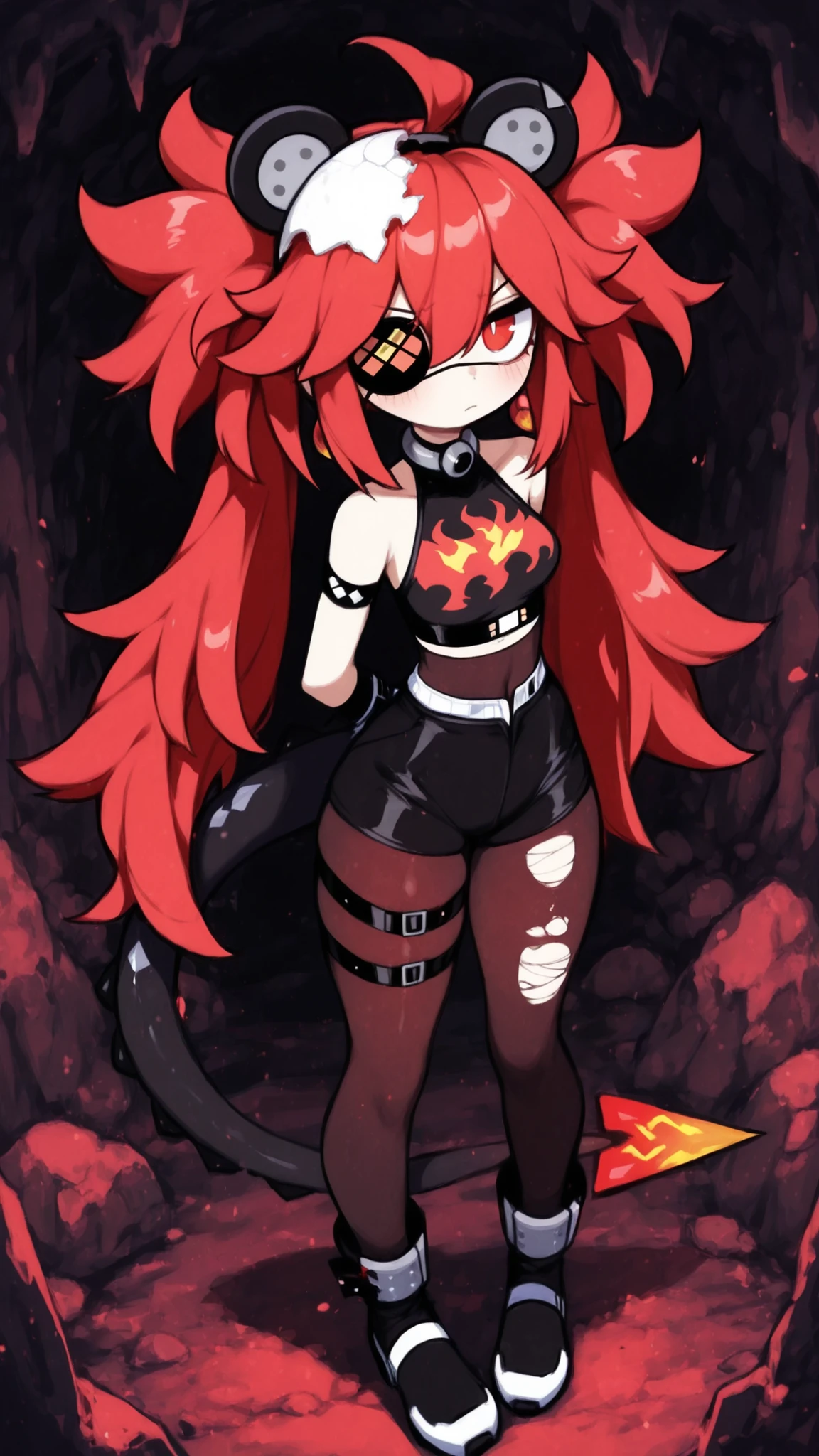 koleda belobog, eyepatch, red eyes, red hair, twintails, fake animal ears,,detailed eyes, CartoonyIllustrious, child's dragon 、、It comes out of the eggshell、Look Up、cave、embarrassing、hide、black dragon tail、eggshell on head、Unruly Hair、black and red gradation、black full body tights