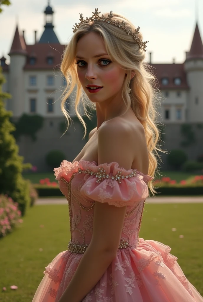 princess in blissful languor, beautiful detailed eyes, beautiful detailed lips, flowing gown, dreamy expression, golden hair cascading down, sparkling tiara, strawberry blonde curls, royal palace, soft sunlight filtering through stained glass windows, exquisite chandelier lighting, romantic atmosphere, vibrant colors, Mediterranean garden, fragrant flowers in full bloom, fountain with dancing water, whispering breeze, whimsical butterflies fluttering around, faint sound of birds chirping, lush greenery, ivy-covered trellis, endless rows of blooming roses, Prince Charming's irresistible presence, anticipating love and happiness, (best quality, 4k, 8k, highres, masterpiece:1.2), ultra-detailed, (realistic, photorealistic, photo-realistic:1.37), romantic portrait style, soft pastel color palette, dreamy lighting, ethereal ambiance