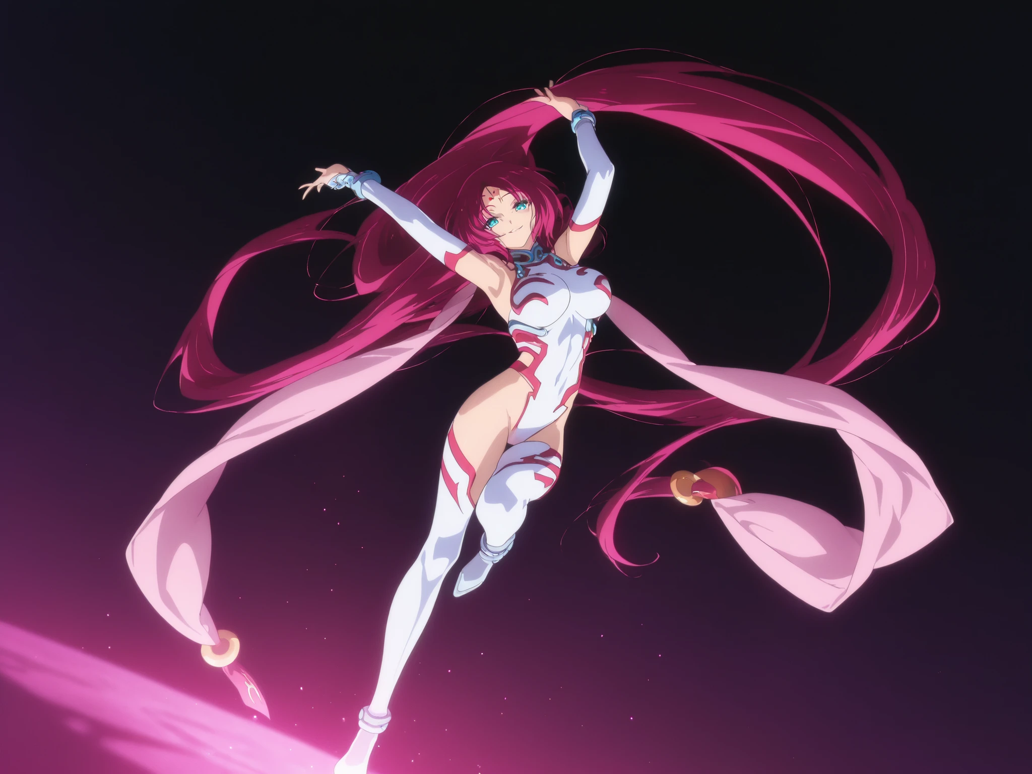 so dakki, old costume1, 1girl, solo, soft darkness, masterpiece, best quality, amazing quality, very aesthetic, absurdres, newest, so dakki, anime screencap, anime coloring, sensitive, dynamic pose, dynamic angle, old costume1, 1girl, facial mark, forehead mark, shawl, pink shawl, long_hair, leotard, pantyhose , shoes, bangobu so_dakki_v5_sdxl_embeddings, , simple background, smile , full body view ,