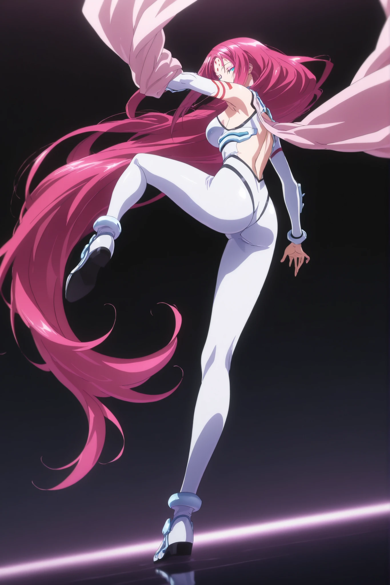 so dakki, old costume1, 1girl, solo, soft darkness, masterpiece, best quality, amazing quality, very aesthetic, absurdres, newest, so dakki, anime screencap, anime coloring, sensitive, dynamic pose, dynamic angle, old costume1, 1girl, facial mark, forehead mark, shawl, pink shawl, long_hair, leotard, pantyhose ,  shoes, bangobu so_dakki_v5_sdxl_embeddings, , simple background,   smile , full body view , rear view