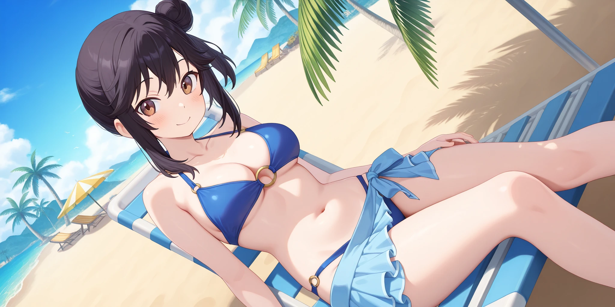 score_9, score_8_up, score_7_up, source_anime, 1girl, prefect lighting, very aesthetic, intricate details, highly detailed background, masterpiece, high quality, prefect hands, best quality, solo,
<lora:Zhu_Yuan_ZZZ_V1:.85>, KJOzhu, high ponytail, streaked hair, dark hair, red eyes, streaked hair, thick thighs, 
white , sunglasses on head,
sitting, one knee up, beach umbrella, beachball,  smile, blush, looking at viewer, open mouth, smug, head tilt, 
beach, water, mountain, 
(Beautiful, :1.2), natural ,