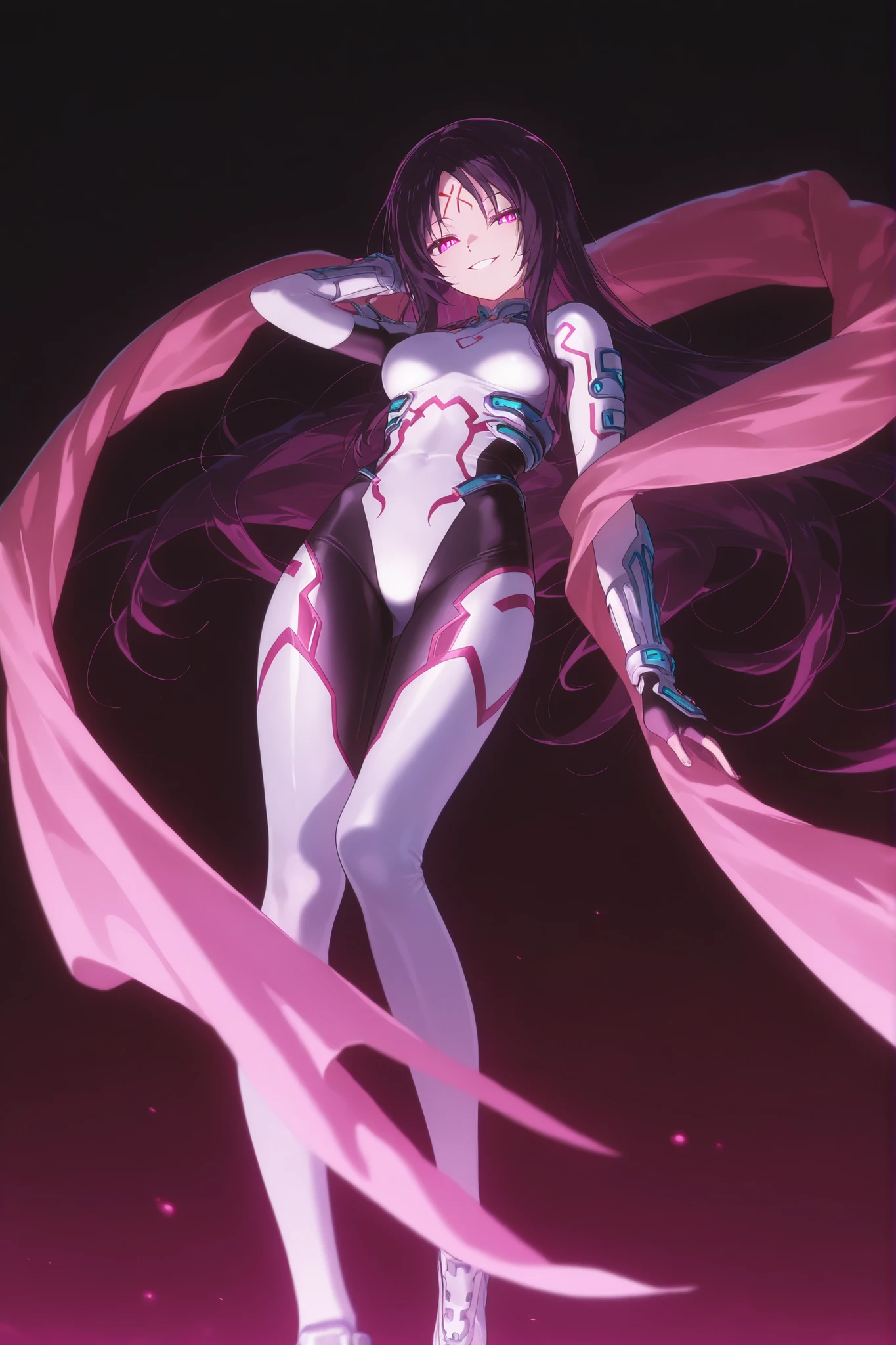 so dakki, old costume1, 1girl, solo, soft darkness, masterpiece, best quality, amazing quality, very aesthetic, absurdres, newest, so dakki, anime screencap, anime coloring, sensitive, dynamic pose, dynamic angle, old costume1, 1girl, facial mark, forehead mark, shawl, pink shawl, long_hair, leotard, pantyhose ,  shoes, bangobu so_dakki_v5_sdxl_embeddings, , simple background,   smile , full body view , rear view