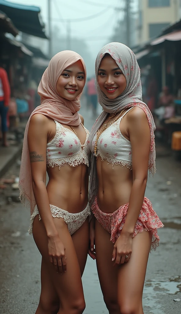 best quality, high resolution, young beautiful Indonesian woman in hijab, soft smile, smiling, wearing peach color laced hijabs, wearing peach color laced panties, wearing see-through peach color mini skirt, wearing see-through peach color laced bra, photorealistic, realistic, small ???????, full body, skin details, skin texture details, tiny and skinny body, ????????????, morning time, happy, bright sunshine, standing in crowd public, blurred background, bokeh