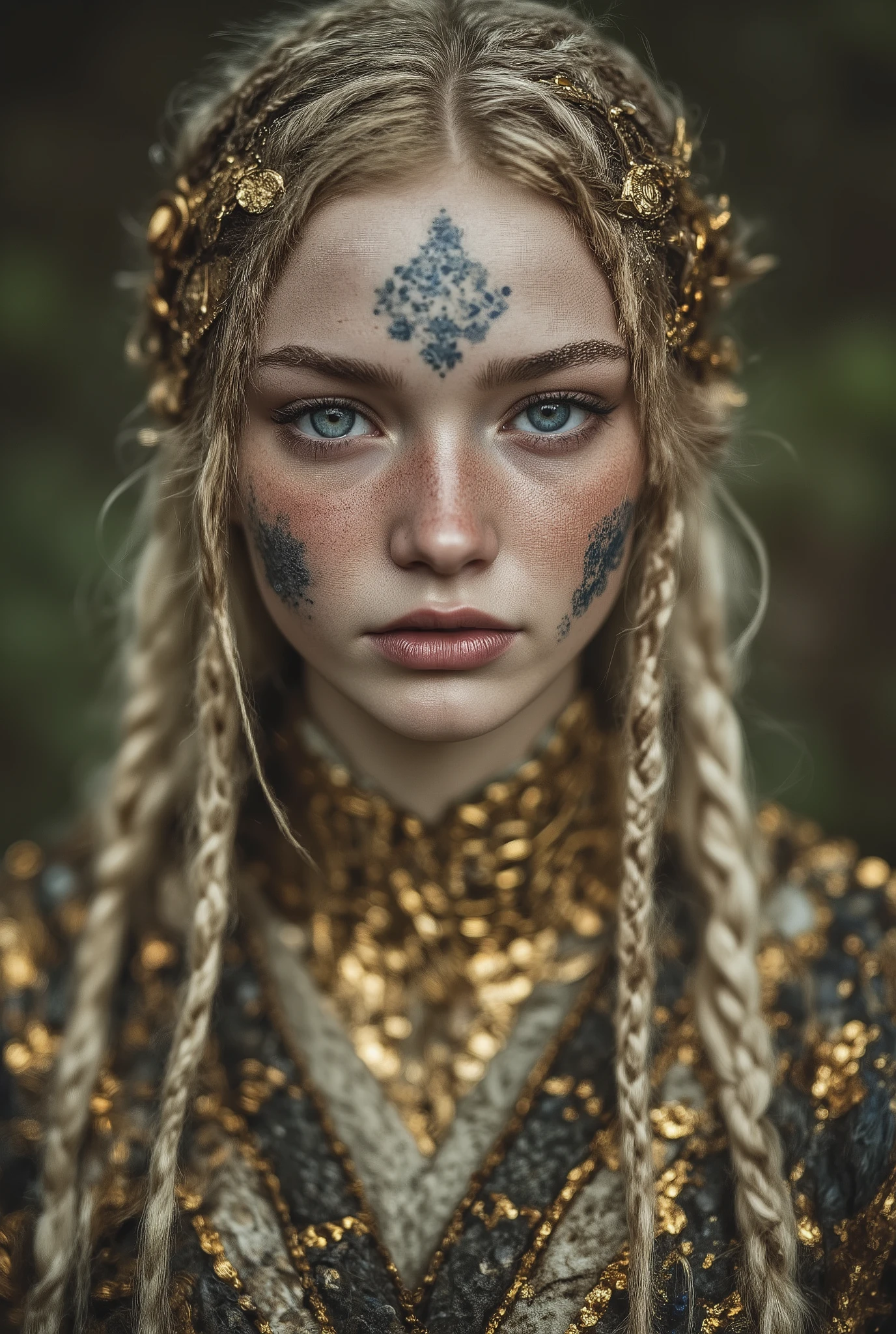 A beautiful Viking woman with long blonde hair with a few braids in it and blue eyes. She is wearing a gold torq around her neck and her face has blue woad patterns painted on it. Hyper realistic waist up portrait. Intricate details, depth of field