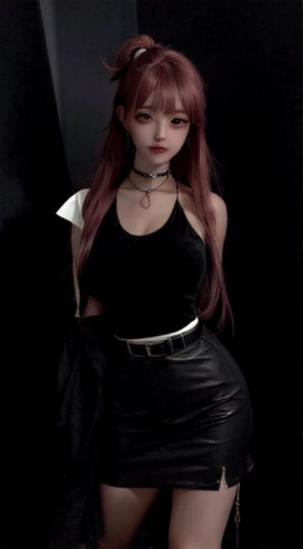 Photorealistic, Ultra realistic, 16k, high quality, cinematic lights, dream atmosphere, dream aesthetic, 1girl, scarlet-red hair, realistic silky hair(red), cute pale-turquoise eyes (shiny look), long flowing hair(realistic), gothic makeup, pale-white skin illuminated, realistic textured skin, realistic shading, alternative outfit, cleavage, large natural , (black crop top:1.2),  shoulders, black midriff, black miniskirt, realistic textures, belt, 16k resolution, detailed face and eyes, muscular female body, strong arms, lean belly, big , muscular thighs, thick legs, full body, realistic, style-paintmagic, different positions at different types of angles. 