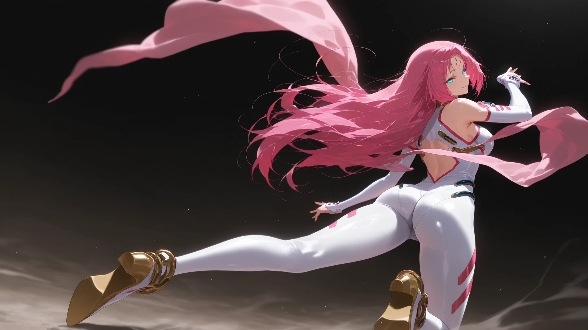 so dakki, old costume1, 1girl, solo, soft darkness, masterpiece, best quality, amazing quality, very aesthetic, absurdres, newest, so dakki, anime screencap, anime coloring, sensitive, dynamic pose, dynamic angle, old costume1, 1girl, facial mark, forehead mark, shawl, pink shawl, long_hair, leotard, pantyhose ,  shoes, bangobu so_dakki_v5_sdxl_embeddings, , simple background,   smile , full body view , rear view