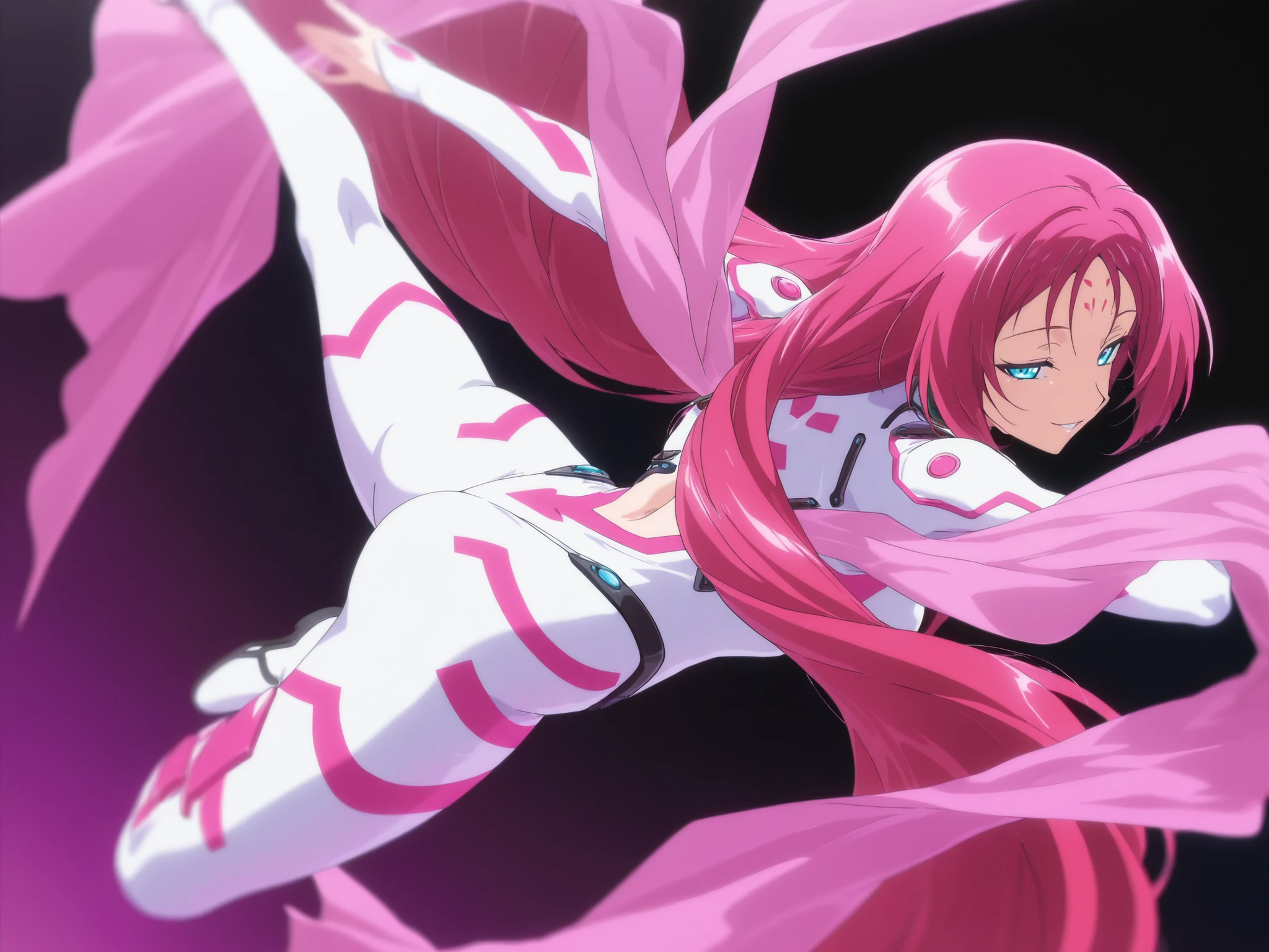 so dakki, old costume1, 1girl, solo, soft darkness, masterpiece, best quality, amazing quality, very aesthetic, absurdres, newest, so dakki, anime screencap, anime coloring, sensitive, dynamic pose, dynamic angle, old costume1, 1girl, facial mark, forehead mark, shawl, pink shawl, long_hair , white leotard , Fluorescent Pink pantyhose , shoes, bangobu so_dakki_v5_sdxl_embeddings, , simple background, smile , full body view , rear view