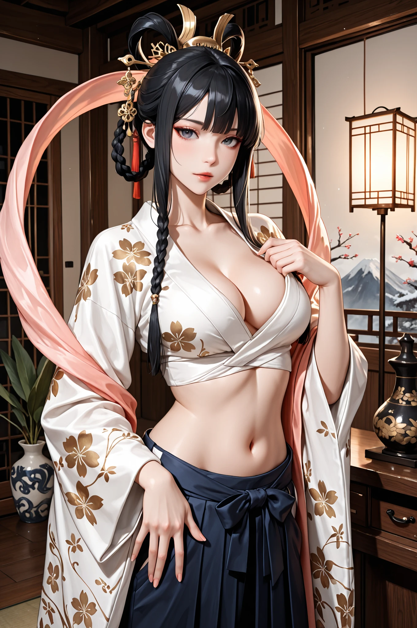 The background is a world of white flowers、Best Quality, masutepiece, High resolution, (((1lady))), sixteen years old,Glowing red eyes、((Bright golden kimono:1.3)), Tindall Effect, Realistic, Shadow Studio, Red lighting, dual-tone lighting, (High Detail Skins: 1.2) Digital SLR, Photo, High resolution, 4K, 8K,,Fade out beautifully、Off the shoulder、cleavage,cleavage cutout、(midriff peek:1.5)、Long straight black hair、Flower kanzashi、(Open your mouth)、Pink Lips、smile、Large Breasts、nipple slip from kimono、Pearl Necklace、Glowing Skin