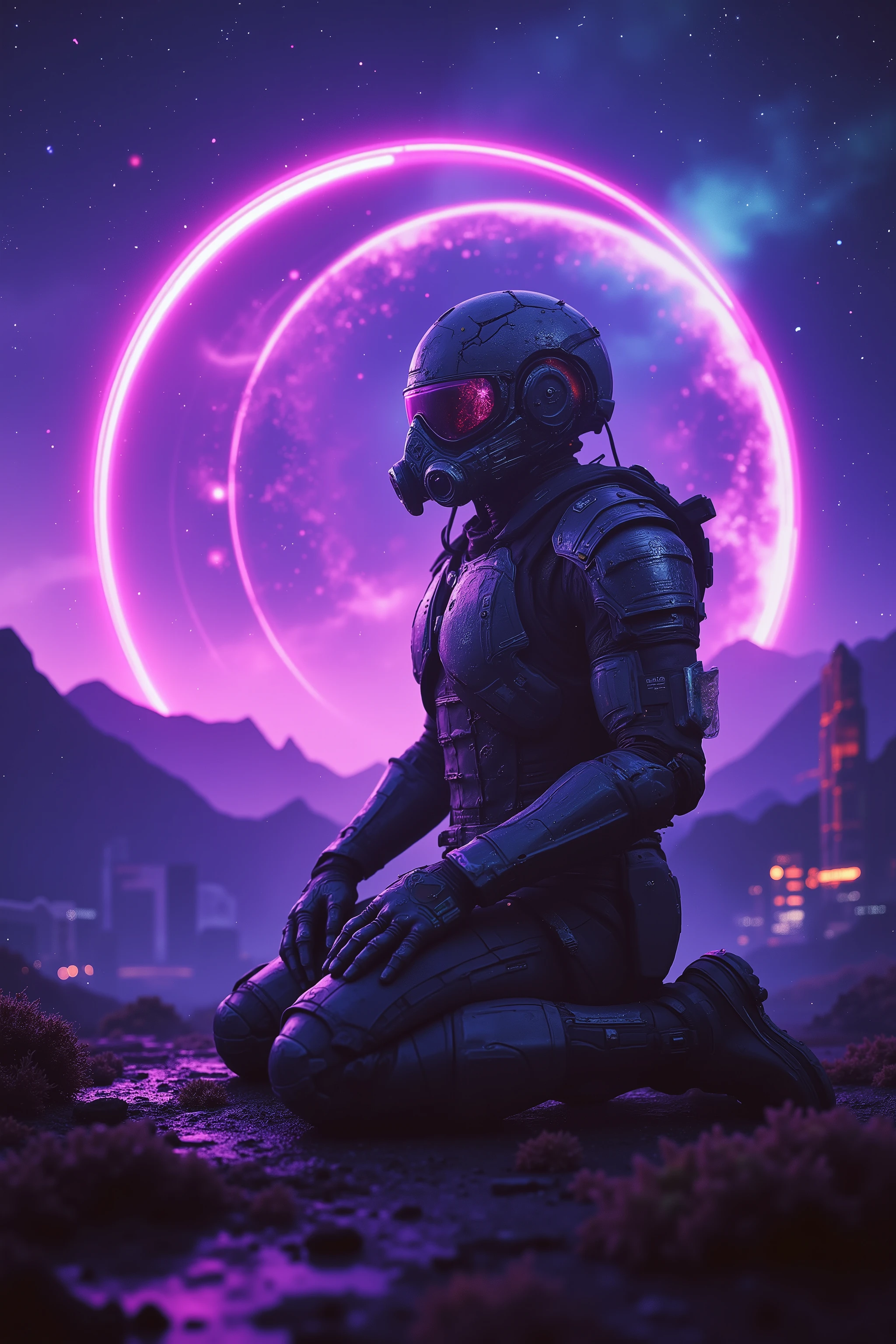 Cyber atmosphere Hong Kong punk × the aesthetics of alien existentialism,Battle-wounded star pioneer, kneeling in front of an alien altar,biomechanical exoskeleton/Left cybernetic arm, armor from which extraterrestrial crystals grow,Cracked visor, refracting prismatic halos/Spinal implants, pumping a liquid nebula,War-worn shoulder pads, decorated with alien glyphs,Traces of dust particles/Bioluminescent pulsations on the,Xenomorphic moss, colonizing joints/Drops of blood inside a breathing mask,Ancient circle of monoliths/Pulsating biolytic mountains,collapsing star remnant, burning in the purple sky/Coral-like silicon lifeforms, absorbing starship wreckage,The collision of alien auroras and neutron star radiation,The cold glow of an underground crystal grove/Refracted starlight from orbital debris,Low-angle hero shot with cosmic grandeur/Wide-angle distortion, reinforcing alien dissonance,Geo Darrow-style biomechanics detailing × Jordan Kronevet-style chiaroscuro,n30nfilm