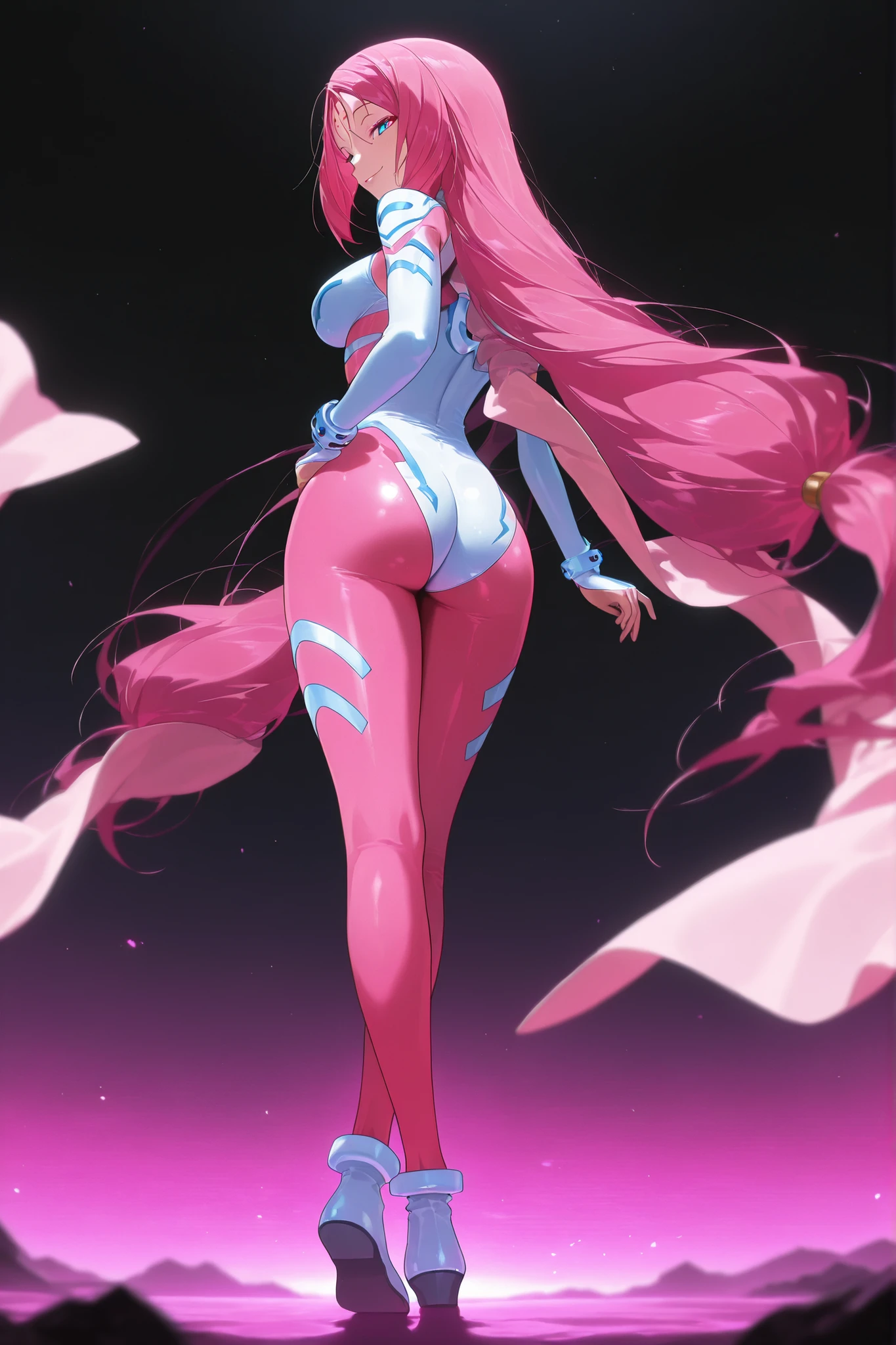 so dakki, old costume1, 1girl, solo, soft darkness, masterpiece, best quality, amazing quality, very aesthetic, absurdres, newest, so dakki, anime screencap, anime coloring, sensitive, dynamic pose, dynamic angle, old costume1, 1girl, facial mark, forehead mark, shawl, pink shawl, long_hair , white leotard , Fluorescent Pink pantyhose , shoes, bangobu so_dakki_v5_sdxl_embeddings, , simple background, smile , full body view , rear view , Crossed legged standing pose