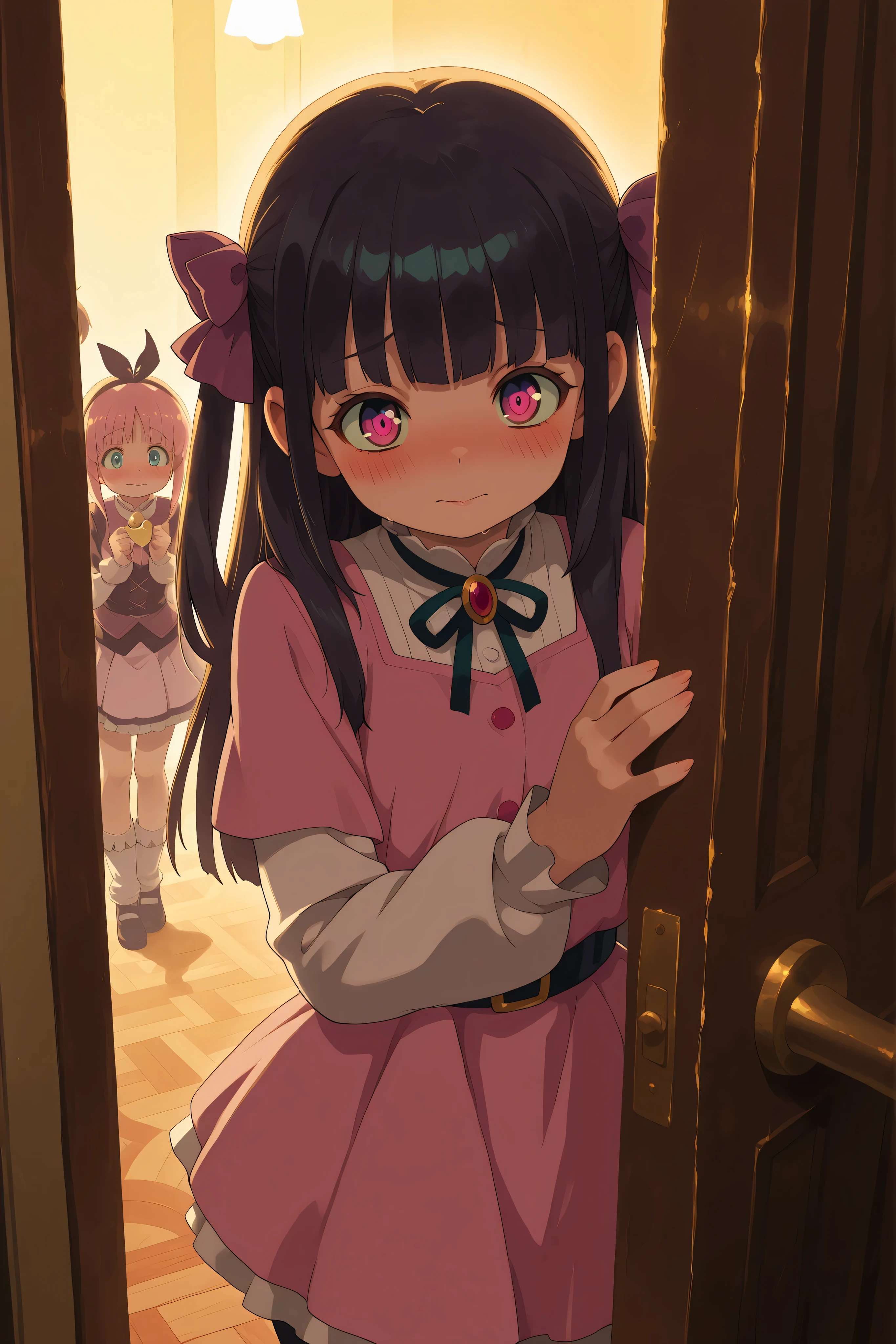 , pov doorway ,linda chica de anime con oreja y cat glue detras de la puerta mirando timidametne
belleza,anime girl,cat ear,cat glue,shy,hidden behind the door,look shyly at,fantasy scene,4k,ultra detailed,detail painting,studio lighting,realistic representation,high quality painting,pastel color palette,warm lighting effects,magical atmosphere,Anime Style, random dark hair color, random eye color