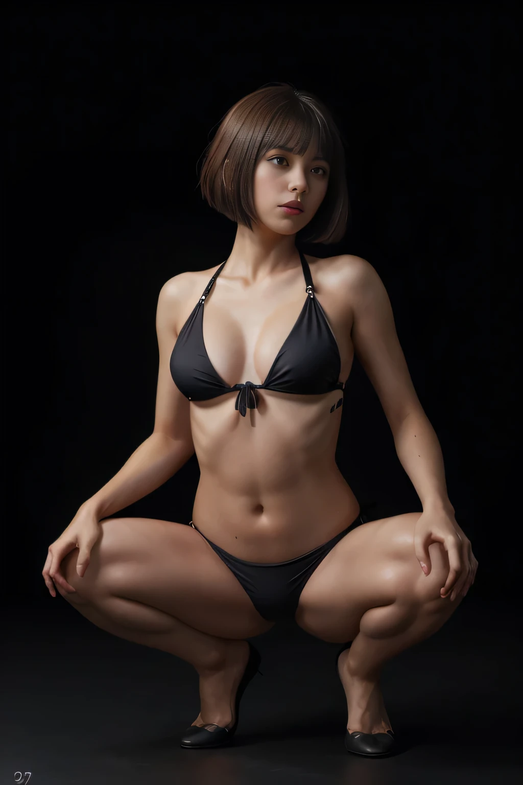 Extremely detailed artwork, best quality, dynamic, focus on details, stunning design, high-end, sophisticated technique, focus on chiaroscuro, subtle and elegant, high resolution, vibrant color, realistic texture, interesting perspective mazaki anzu, 1girl, solo, medium short hair, brown hair, patred bangs, open-legged pose, ((view from below)), ((squatting:1.3)), ((do not hide your crotch:1.4)), ((spreading your legs wide:1.3)), ((hand on hip:1.3)), ((black bikini:1.3)), medium breasts, beautiful body, high heels