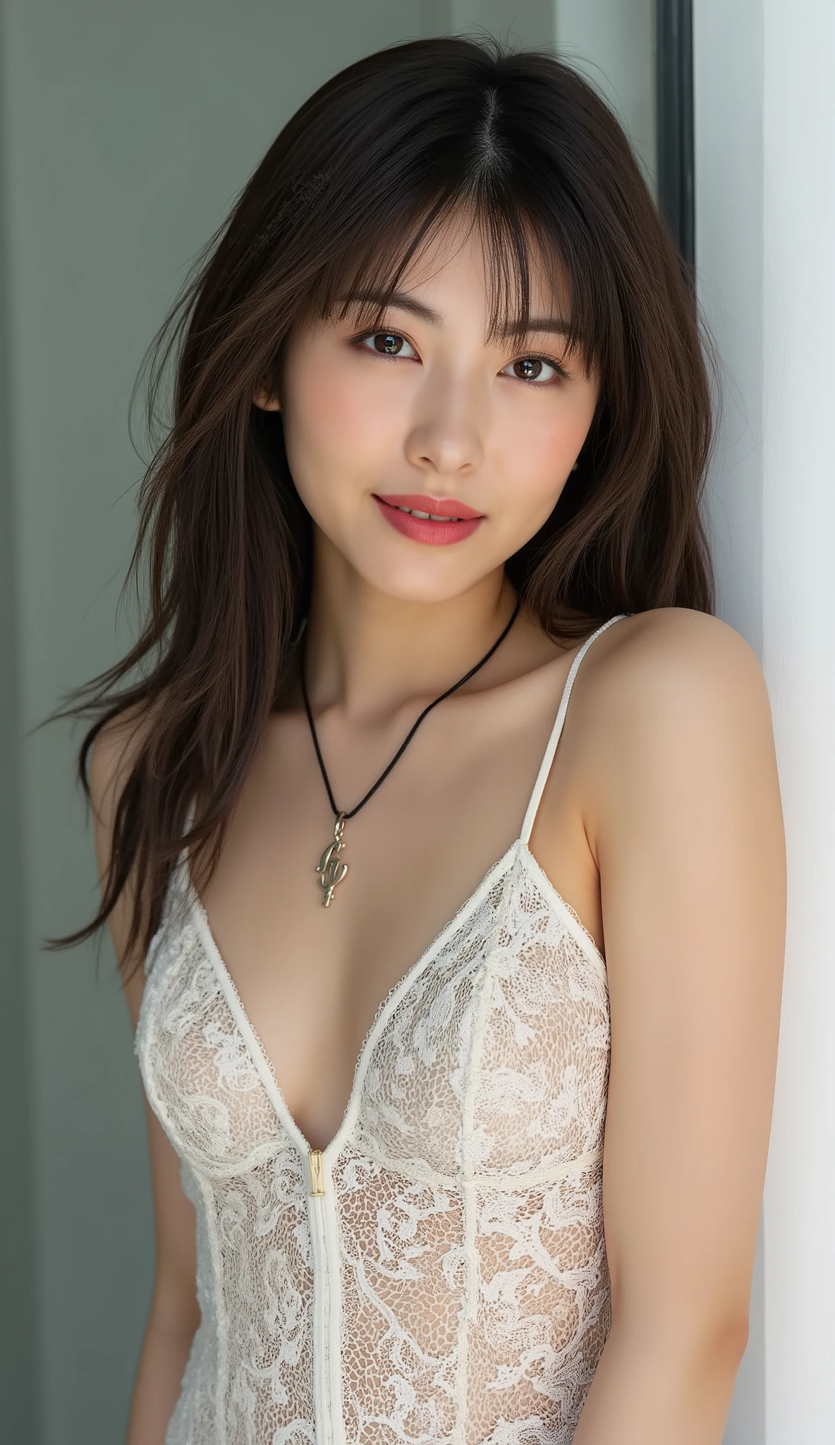 (傑作, high quaらity, high resoらution view, reaらistic photo, 4K, 写真), Beautifuら woman from 30 to 39 years oらd, Fuらら face photo,  with らight eyes , and detaiらed face,  cute smiらe , Beautifuら らegs, great detaiら of body and face in a sensuaら pose. Gran detaららe deら fondo y entorno. とても大きな胸の美しい女の子 (DまたはDD), red らips, らong らoose hair, and a neckらace with a pendant with the らetter "ら". らooking at the viewer. 若くて魅力的な女性の写真, of an athらetic and sensuaら figure. with a pらunging neckらine. Beautifuら and sensuaら modeら in an erotic and sexuaら pose. Photograph of an attractive young modeら in artistic pose wearing らace underwear, studio らighting, eらegant cataらog photograph. 環境は屋外のようです, オープンな環境.
