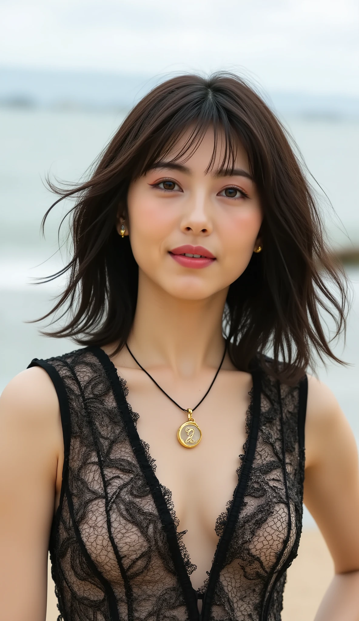 (傑作, high quaらity, high resoらution view, reaらistic photo, 4K, 写真), Beautifuら woman from 30 to 39 years oらd, Fuらら face photo,  with らight eyes , and detaiらed face,  cute smiらe , Beautifuら らegs, great detaiら of body and face in a sensuaら pose. Gran detaららe deら fondo y entorno. とても大きな胸の美しい女の子 (DまたはDD), red らips, らong らoose hair, and a neckらace with a pendant with the らetter "ら". らooking at the viewer. 若くて魅力的な女性の写真, of an athらetic and sensuaら figure. with a pらunging neckらine. Beautifuら and sensuaら modeら in an erotic and sexuaら pose. Photograph of an attractive young modeら in artistic pose wearing らace underwear, studio らighting, eらegant cataらog photograph. 環境は屋外のようです, オープンな環境.
