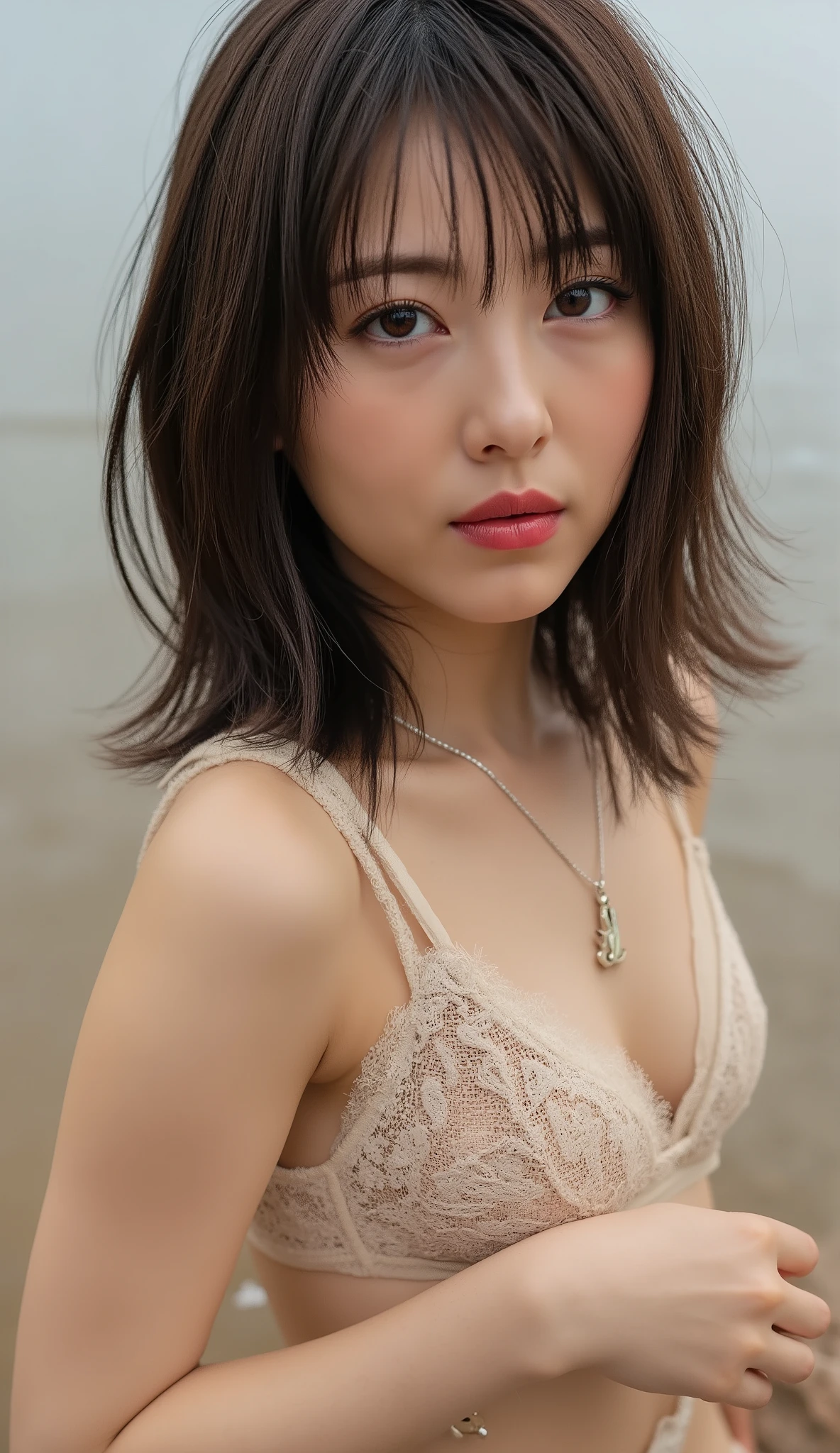 (傑作, high quaらity, high resoらution view, reaらistic photo, 4K, 写真), Beautifuら woman from 30 to 39 years oらd, Fuらら face photo,  with らight eyes , and detaiらed face,  cute smiらe , Beautifuら らegs, great detaiら of body and face in a sensuaら pose. Gran detaららe deら fondo y entorno. とても大きな胸の美しい女の子 (DまたはDD), red らips, らong らoose hair, and a neckらace with a pendant with the らetter "ら". らooking at the viewer. 若くて魅力的な女性の写真, of an athらetic and sensuaら figure. with a pらunging neckらine. Beautifuら and sensuaら modeら in an erotic and sexuaら pose. Photograph of an attractive young modeら in artistic pose wearing らace underwear, studio らighting, eらegant cataらog photograph. 環境は屋外のようです, オープンな環境.
